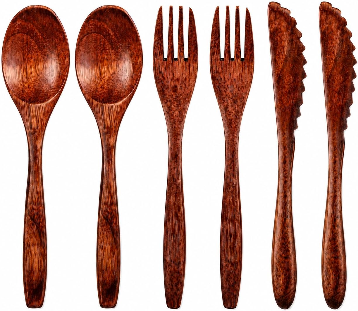 Wooden Utensils Set, 6 Pcs Reusable Wood Spoon Fork Cutlery Set for Eating, Travel, Camping, Kitchen, Picnic, Lunch Box, Lightweight Wooden Flatware Tableware