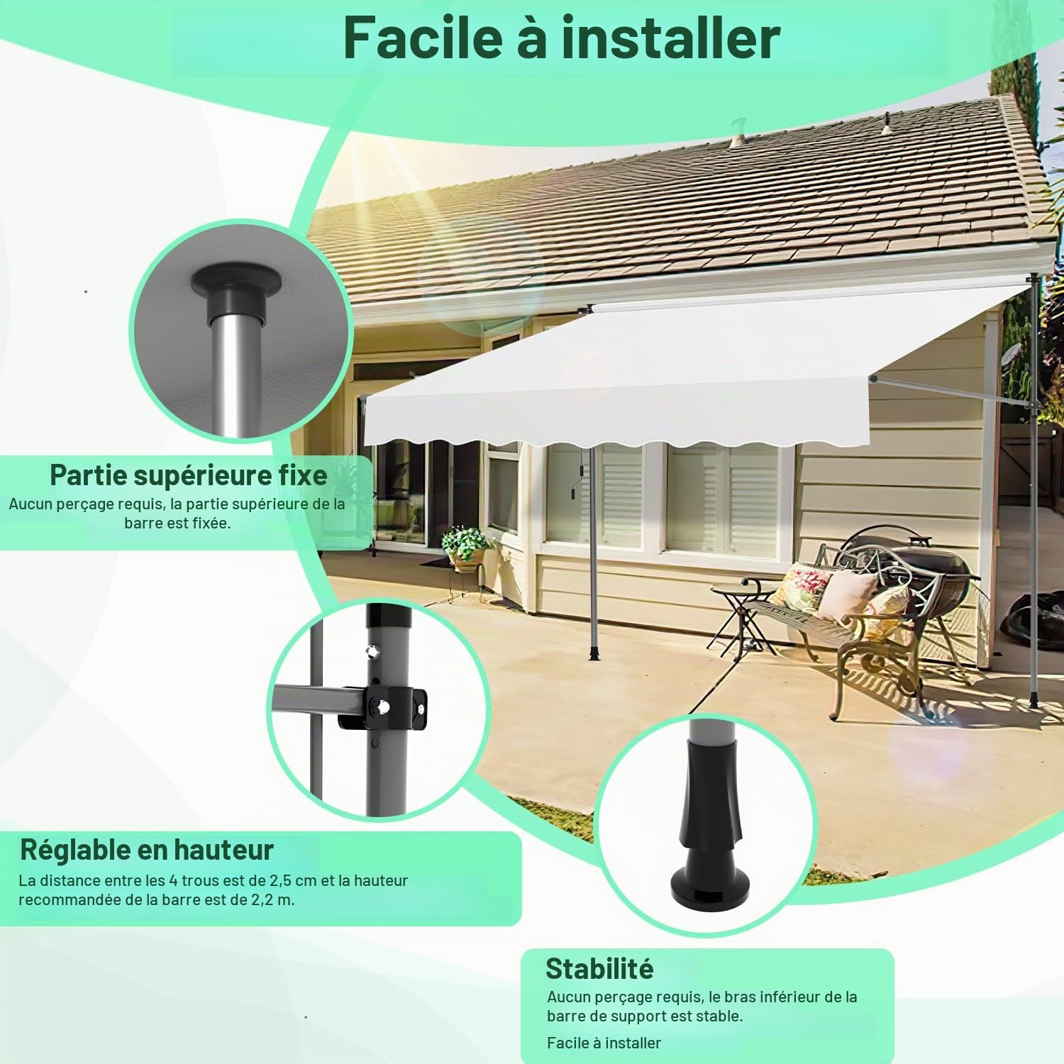 Ikodm Store Banne Manuel, Auvent Rétractable avec manivelle 400 x 120 x 200-300 cm sans perçage - Résistant aux UV - Réglable en Hauteur - Protection Solaire - Imperméable - Montage Facile