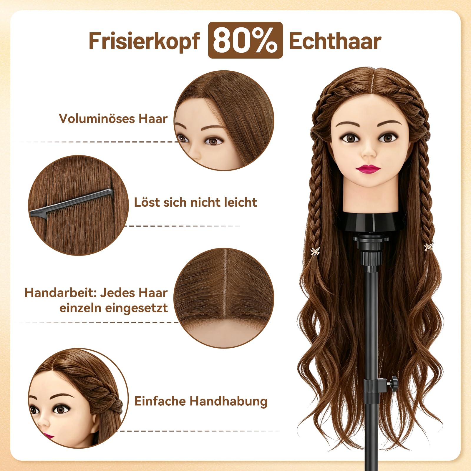 TwoWin Frisierkopf 80% Echthaar, Übungskopf 24 Zoll /60cm Friseurkopf, Trainingskopf für Friseure für Styling & Friseurpraxis mit Tischhalter + DIY Haare Frisuren Set (Braun)