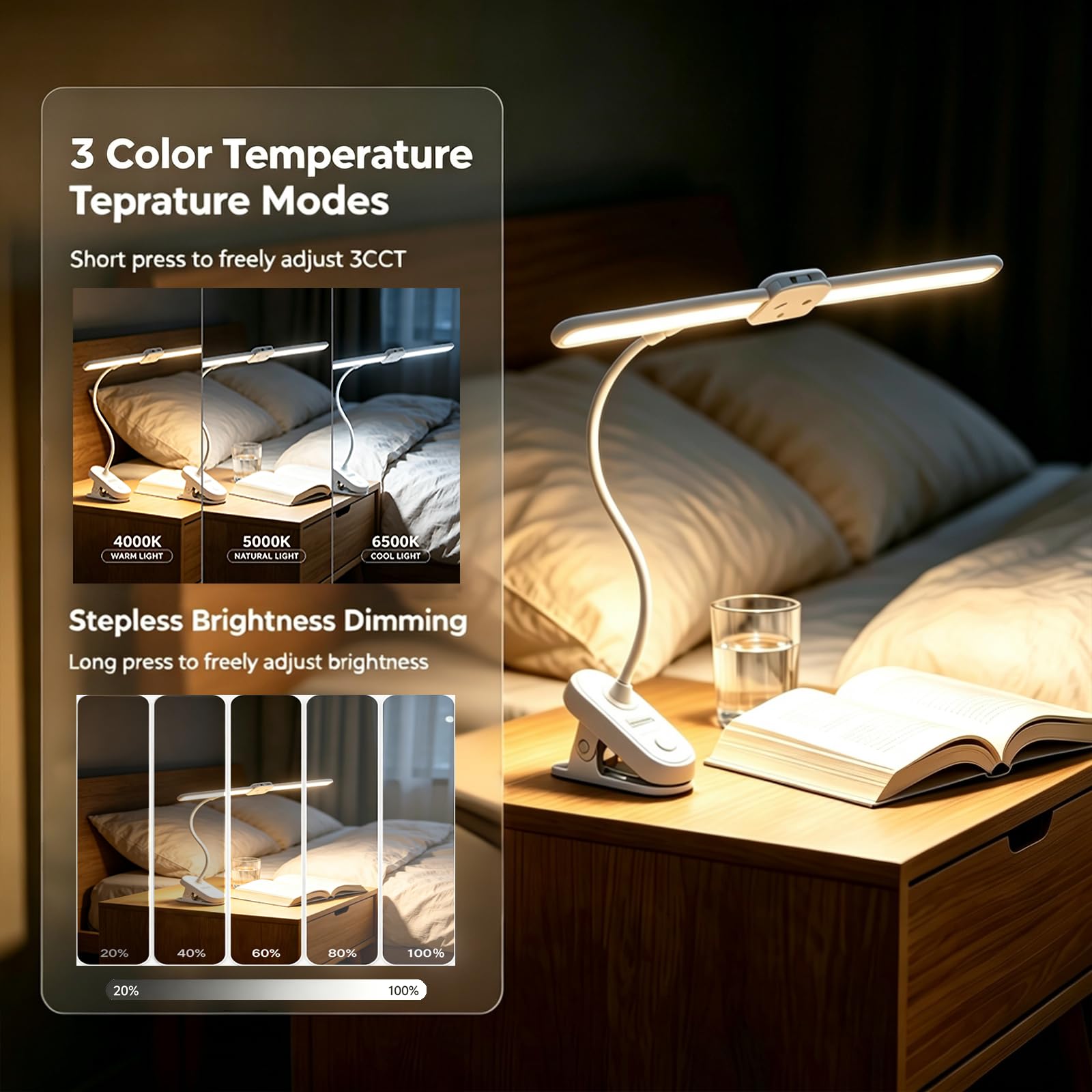 1200mAh ricaricabile doppia testa LED Desk Lamp con morsetto