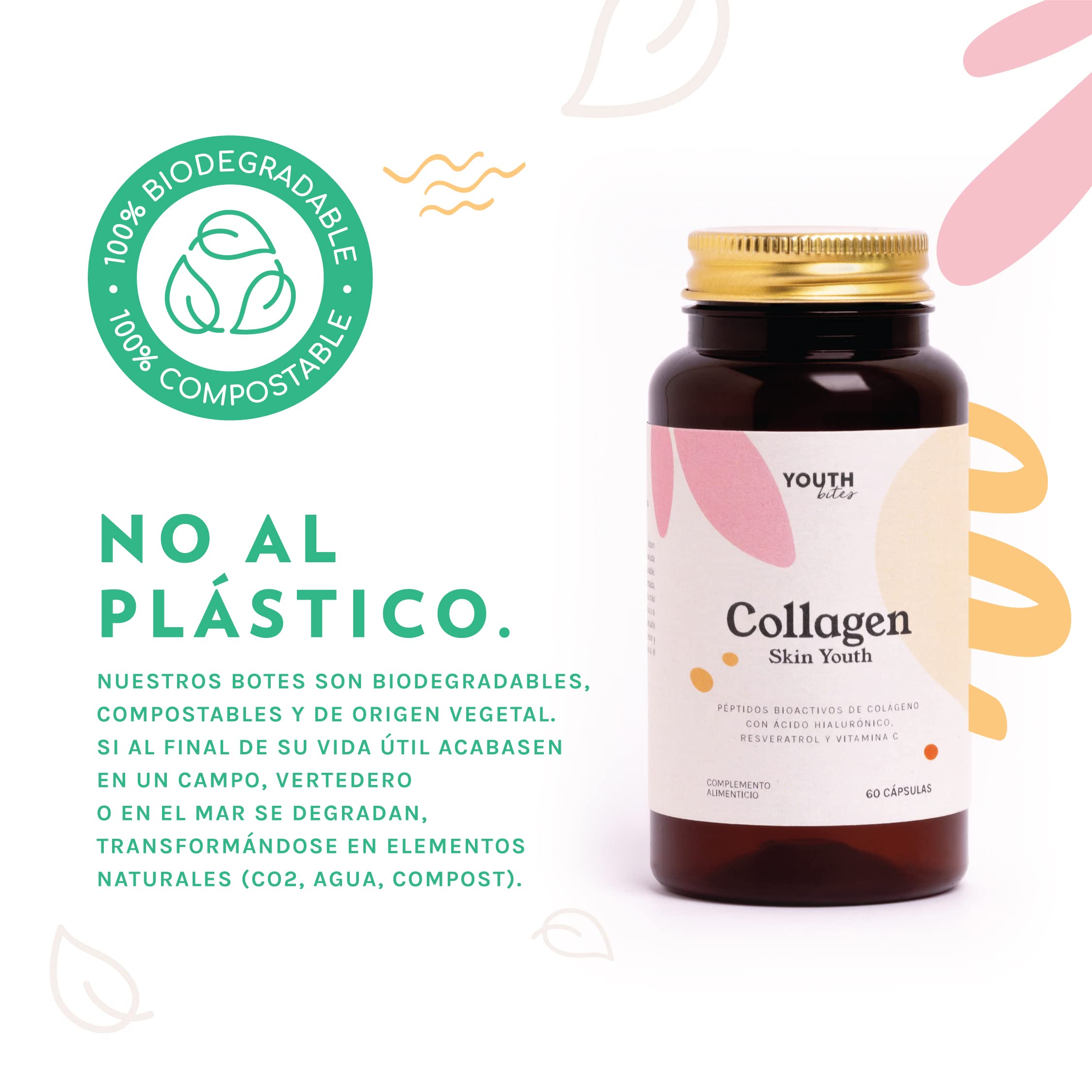 SKIN YOUTH COLÁGENO VERISOL ANTIEDAD - Patentado Verisol + Ácido Hialurónico + Resveratrol + Vitamina C + Péptidos Colágeno Bioactivos – Previene y Retrasa el Envejecimiento de la Piel - 60 cápsulas