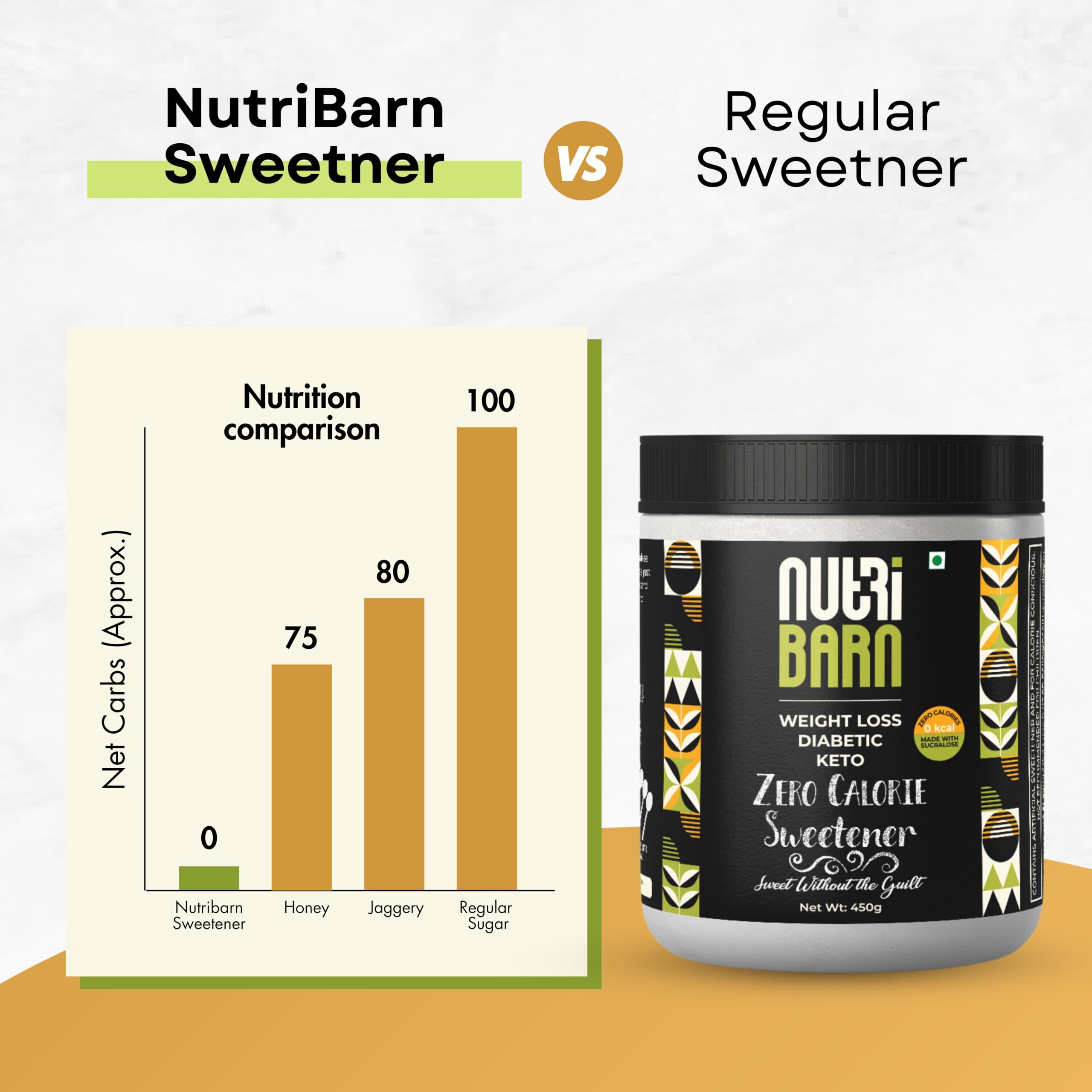 Nutribarn Zero Calorie Sweetener 450g. Sugar Free. 450 servings (1:4) 4x Sweeter than Sugar. Low Carb, Low Calorie Sugar Replacement. Zero Glycemic Impact 2