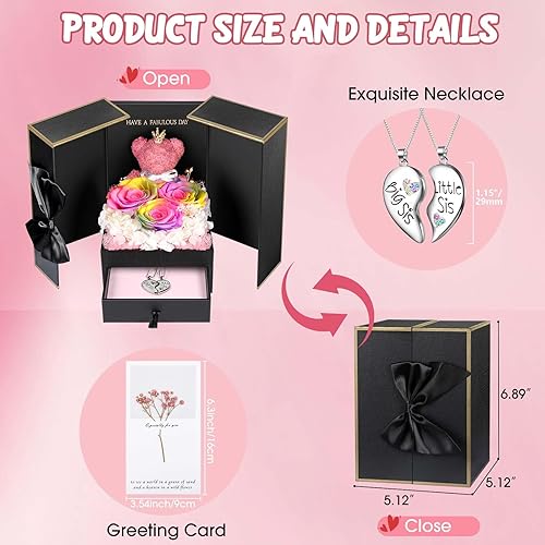 Miniatura 173 de ADDWel Rose Gifts for Women - Preserved Real Roses Forever Purple Flowers with I Love You in 100 Languages Necklace and Cute Moss Bear for