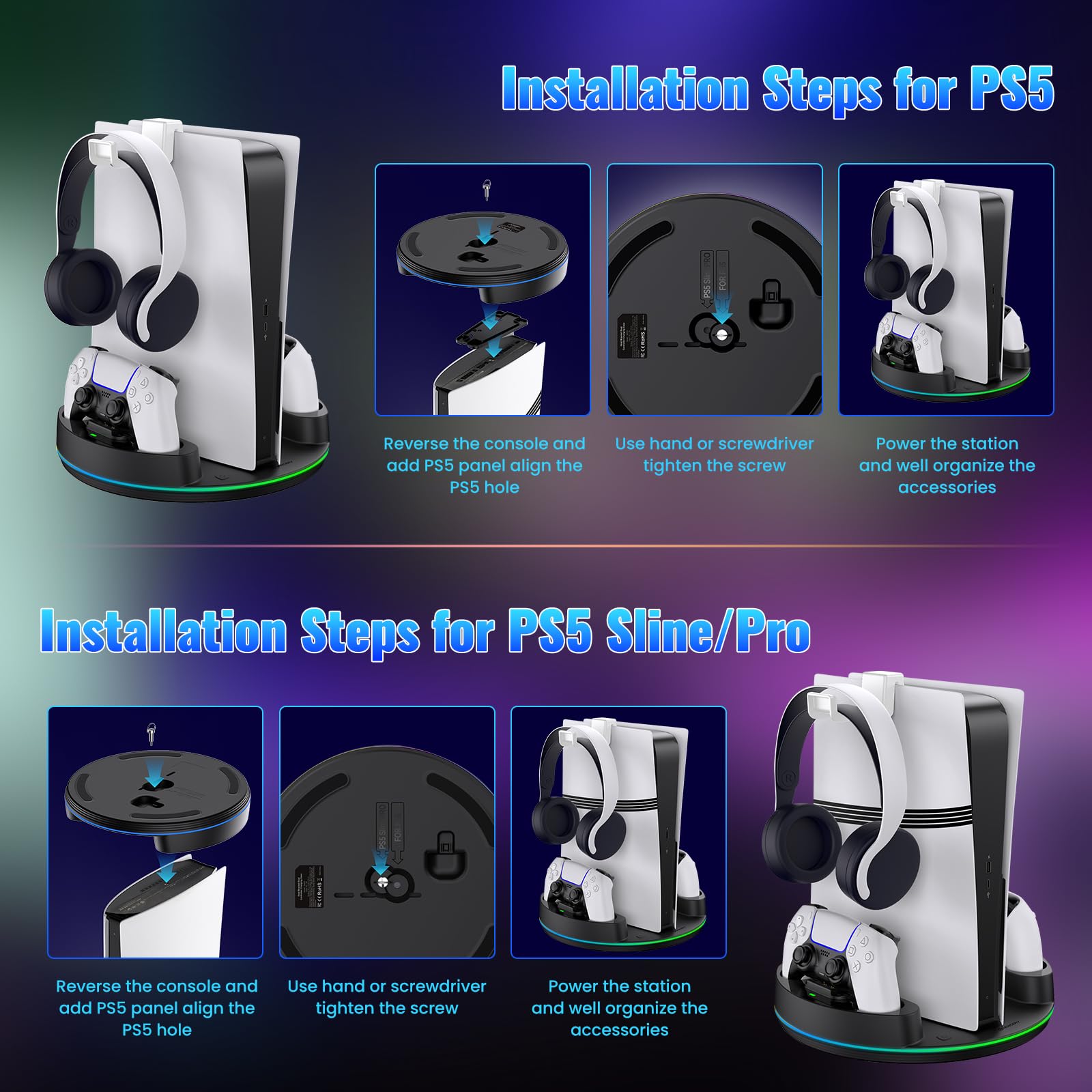 NEWDERY for PS5/Slim/Pro Stand Console, Fast Charging Station Compatible with PlayStation 5 Controllers with Adjustable RGB Light, Charging Station for All PlayStation 5 Console - Blcak