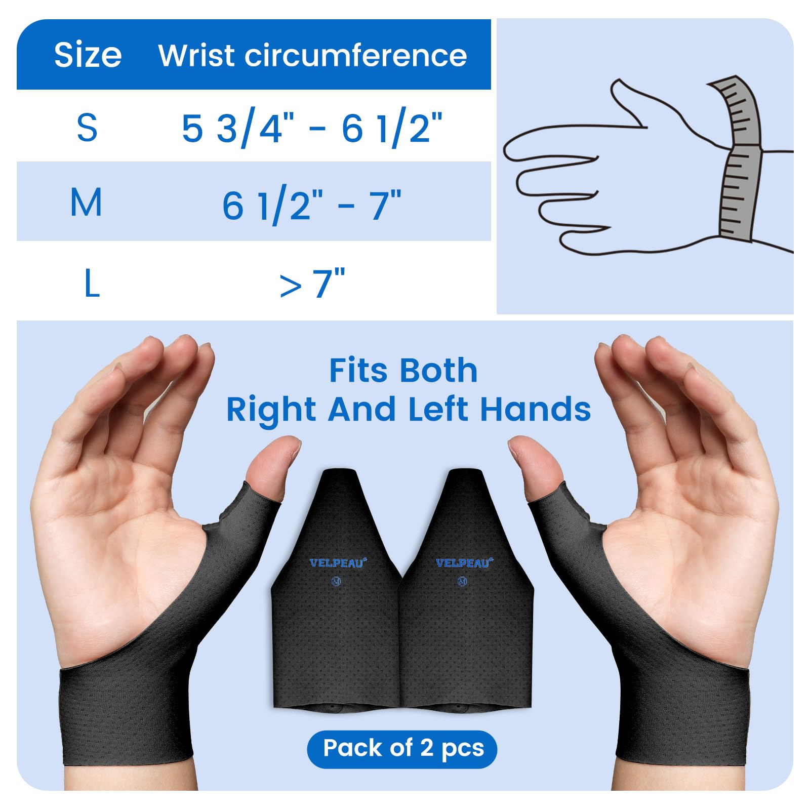 VELPEAU Elastic Thumb Wrist Support Brace (Pack of 2), Splashproof Compression Sleeve for Arthritis Pain, Tendonitis, Sprains, Sports, Splint Liner, Fits Left & Right Hands (Black, Long Version, S) — view 6