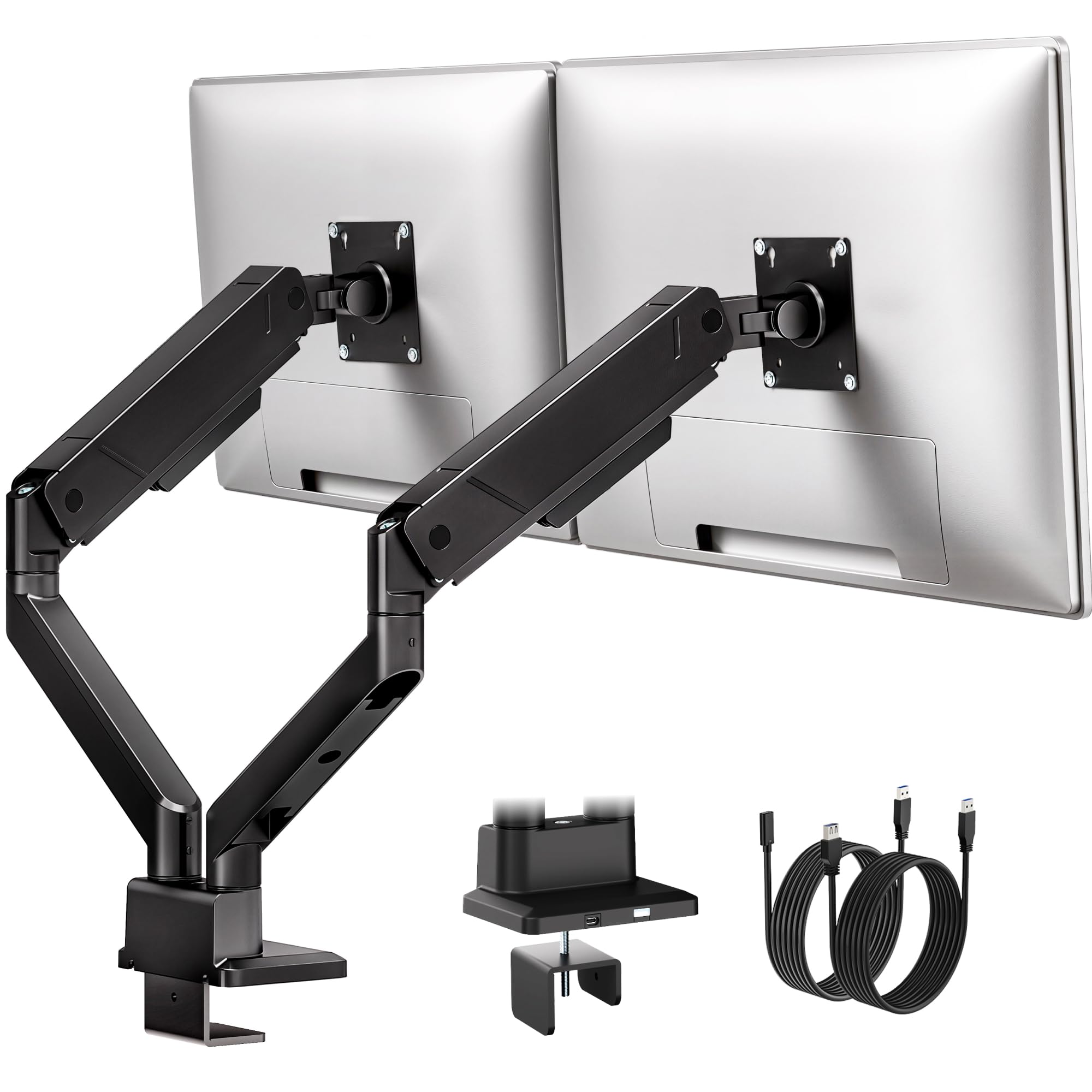 monTEK Brazo Monitor Doble con Puerto USB para Pantallas 17-35" | Soporta hasta 16kg, VESA 75/100mm, inclinación y giro, gestión de cables, montaje pinza u ojal.