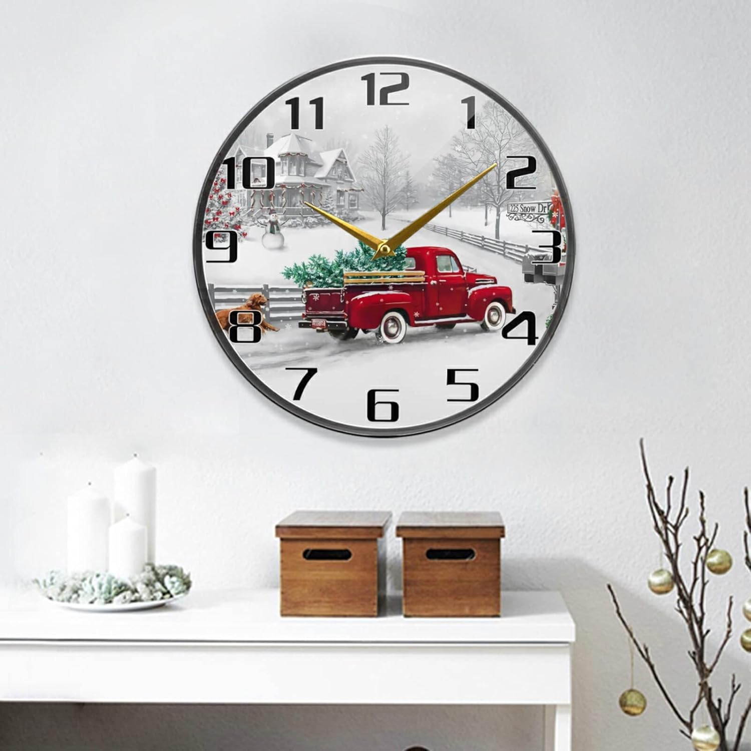 AUUXVA Red Truck Dog Snowflake Christmas Wall Clock Large Silent Non-Ticking Battery Operated Modern Clocks for Living Room Decor/Bedroom/Office (11.9x11.9 in)