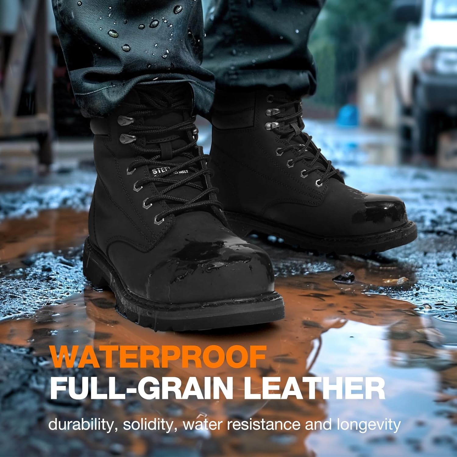 NINGO Steel Toe Work Boots for Men, Waterproof Comfortable Leather Industrial & Construction Boots, Oil & Slip Resistance Safety Shoes with EH Protection, for Outdoor Factories Warehouses Farms - Image 5