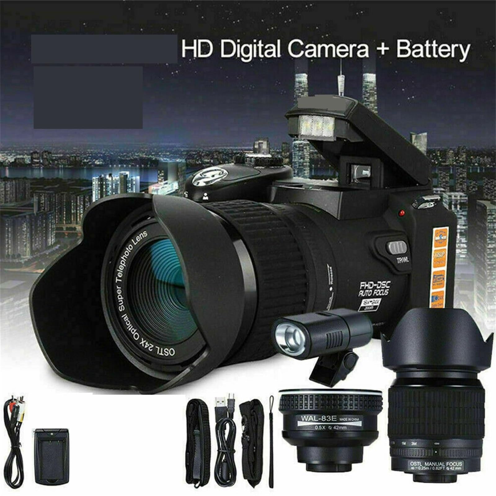 24-krotny Zoom Optyczny Aparaty Cyfrowe Do Fotografii Automatyczne Ustawianie Ostrości 33MP Lustrzanka Cyfrowa DSLR 1080P HD Kamera Wideo 3 Zestaw Obiektywów(16G SD Card,No Flashlight)