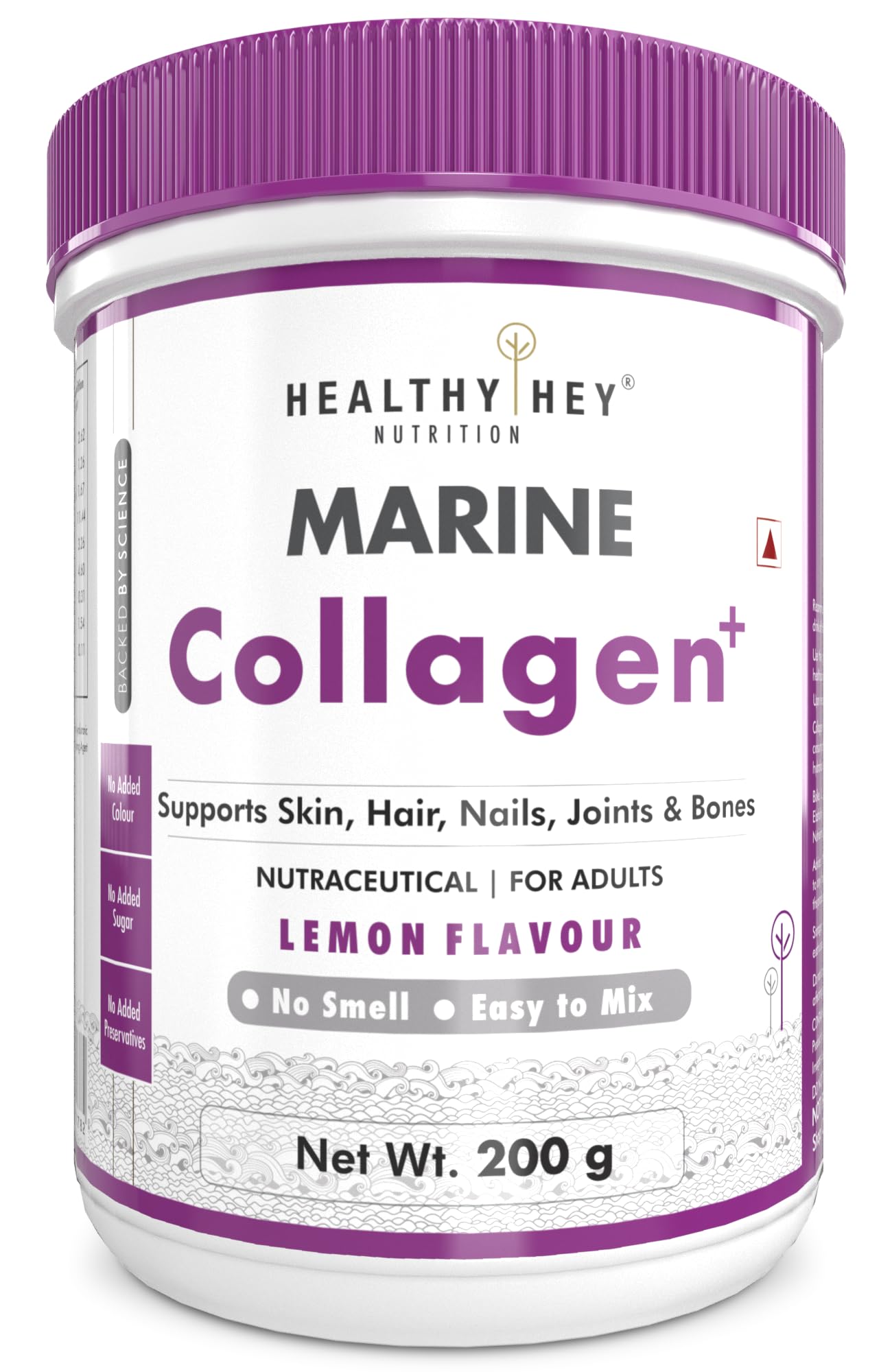 HealthyHey Glow-n-Shine® Marine Collagen Powder - Hydrolyzed | Type 1 Collagen Protein Supplement with Hyaluronic Acid | Amino Acids for Skin, Hair, Nails (Lemon,200g)