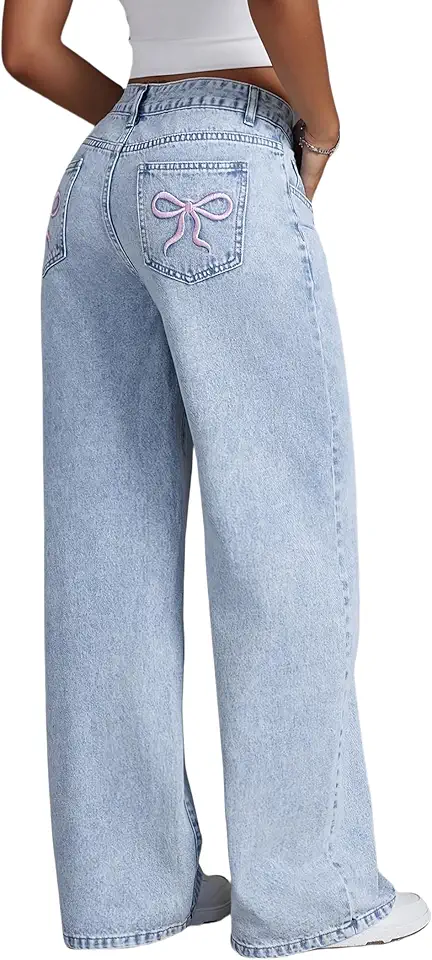 Fulihug Jeans for Girls Baggy Wide Leg Cute Bow High Elastic Waisted Denim Pants Y2K Boyfriend Skater Streetwear 7-14Y