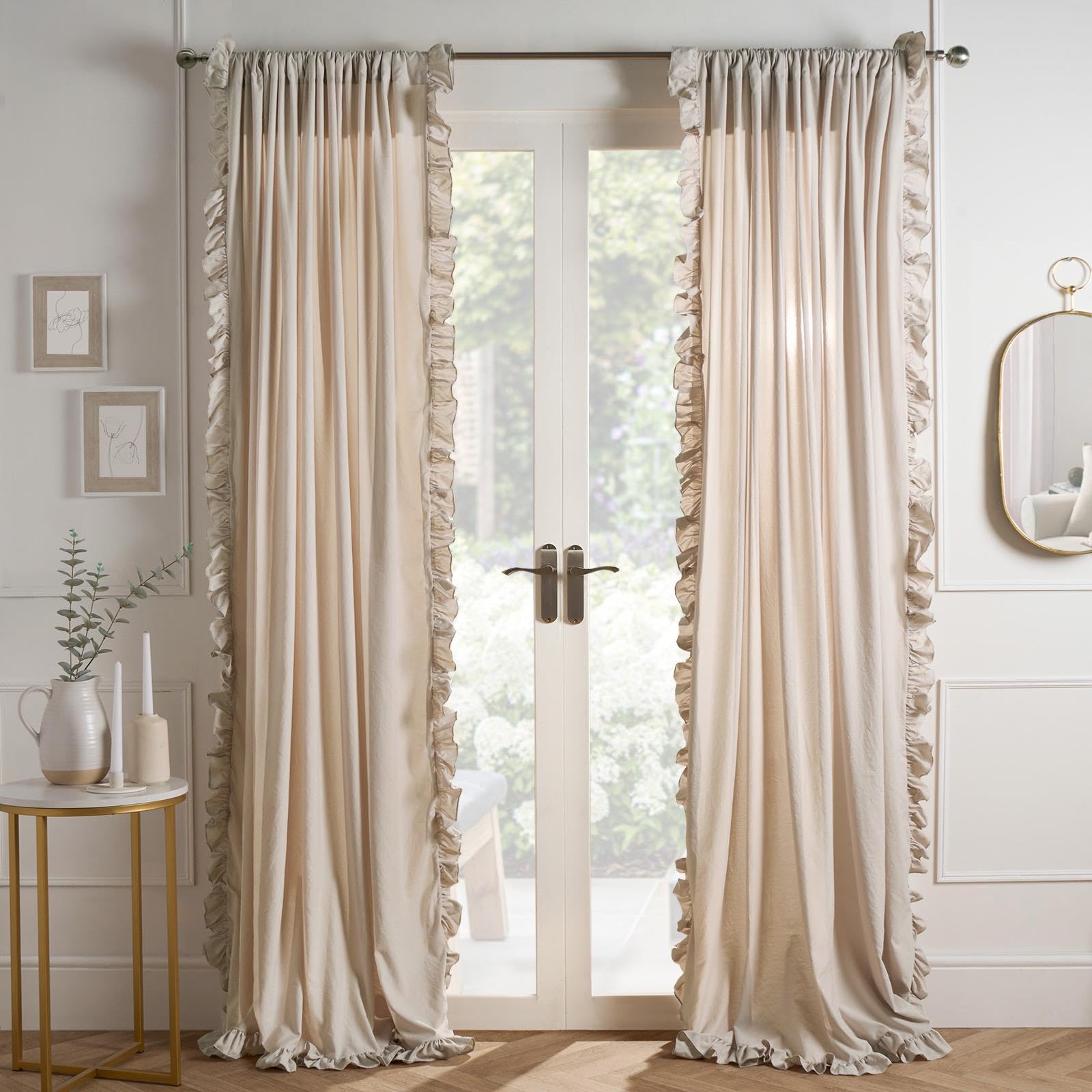 Ohs Beige 2 Panel Voile Curtains, Net Curtain For Windows Frill Detail Sheer Light-Filtering Slot Top Voile Curtains For Living Room & Bedroom - 55 X 87