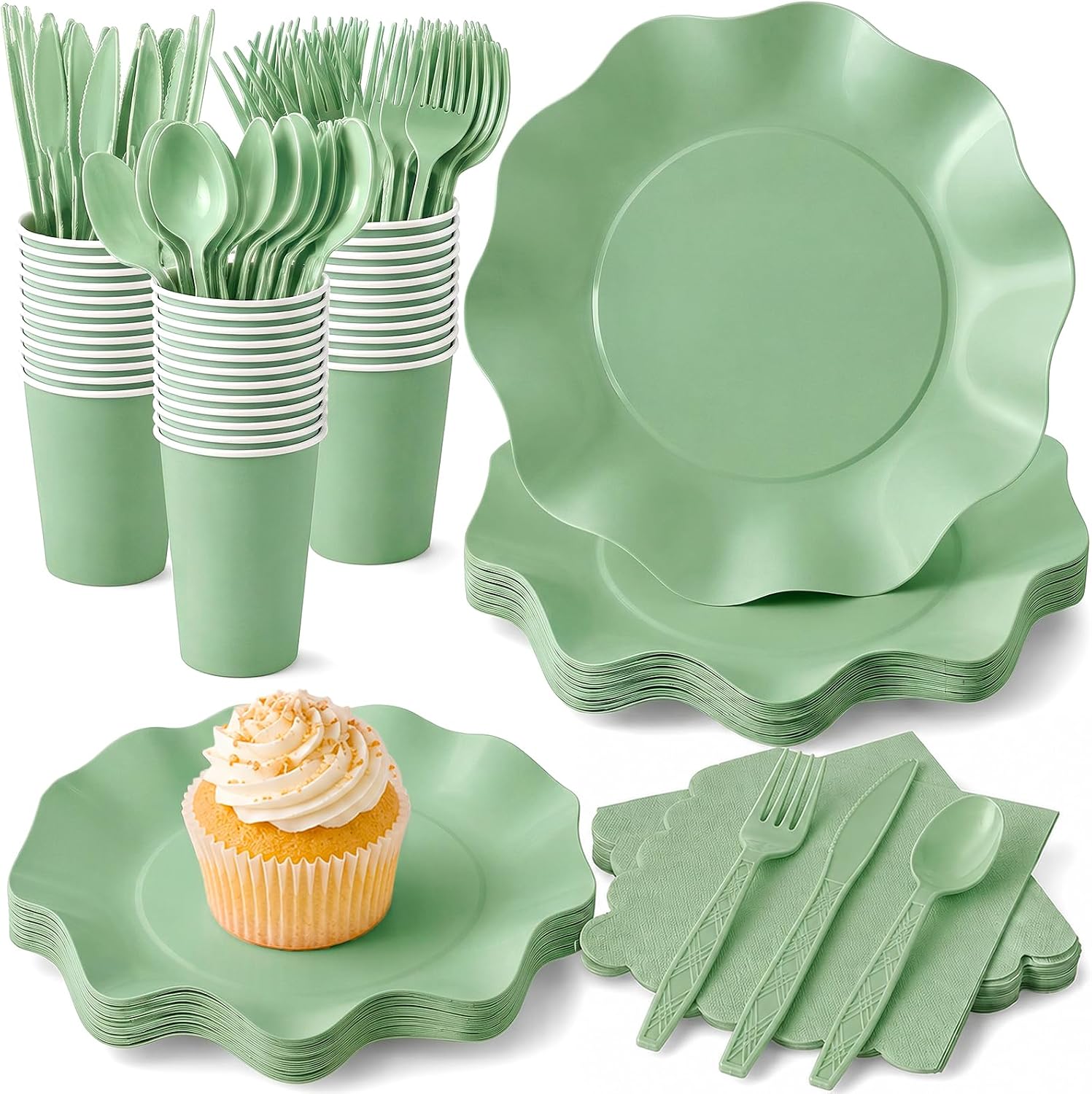 SNLN 175 Pcs Green Paper Plates and Napkins Party Supplies for 25 Guests
