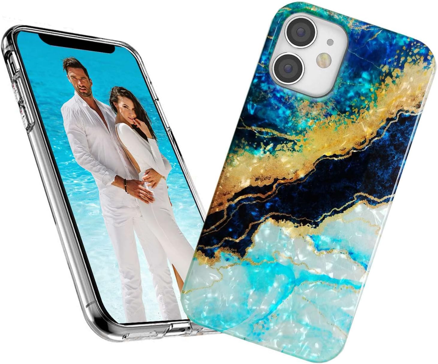 Glitter Pearly Shell Luster Sparkle Bling Soft TPU Flexible Slim Thin Girl Women Phone Case Cover for iPhone 12 / iPhone 12 Pro 6.1, Blue Gold Marble