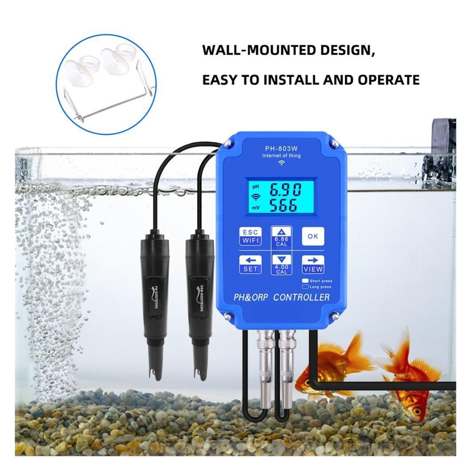 Testeur de qualité de l'eau Contrôleur numérique de pH et ORP avec Surveillance Wi-FI PH-803W, sonde BNC, testeur de qualité de l'eau
