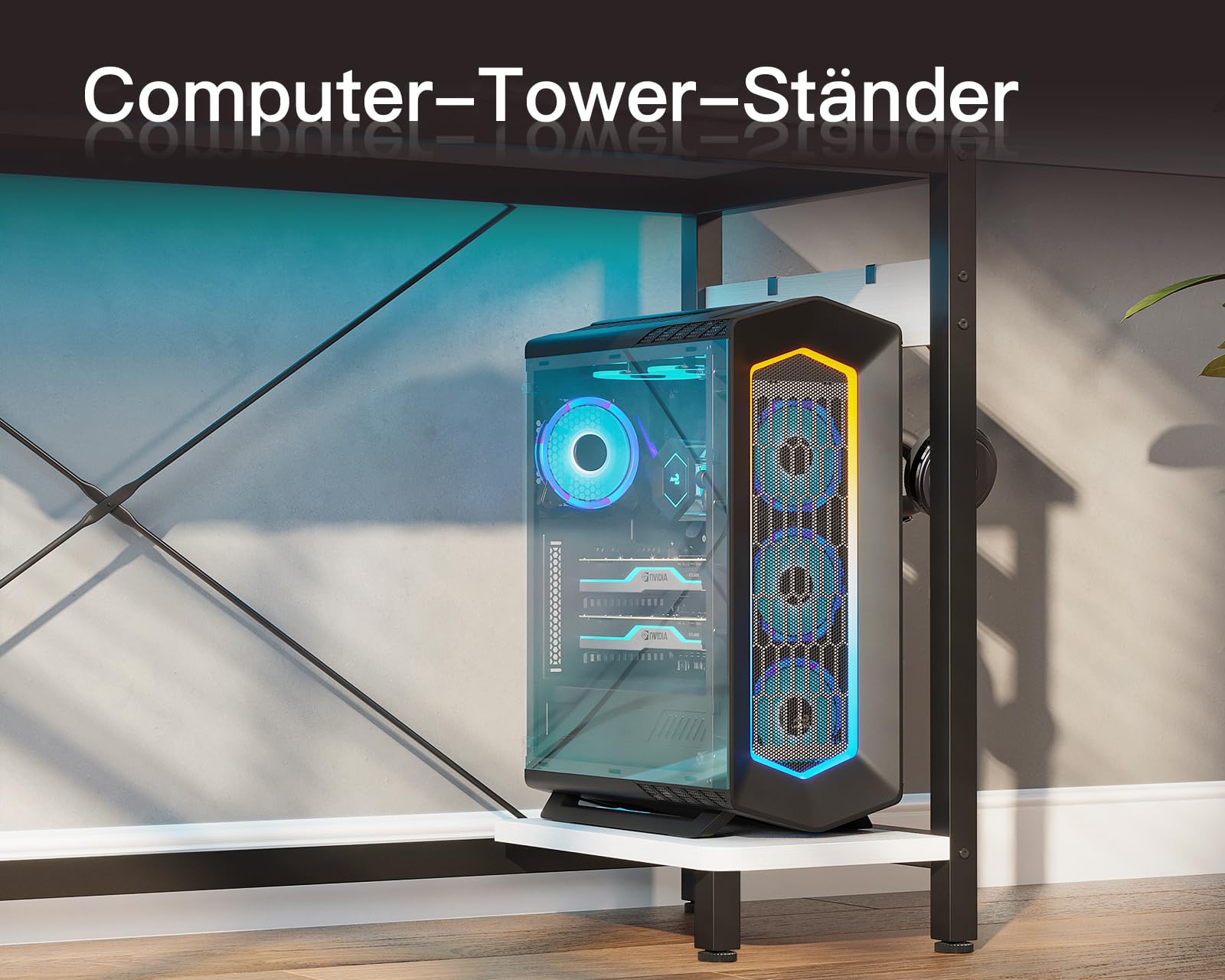 Close-up of the CPU stand integrated into the ODK Corner Desk, holding a desktop computer tower.