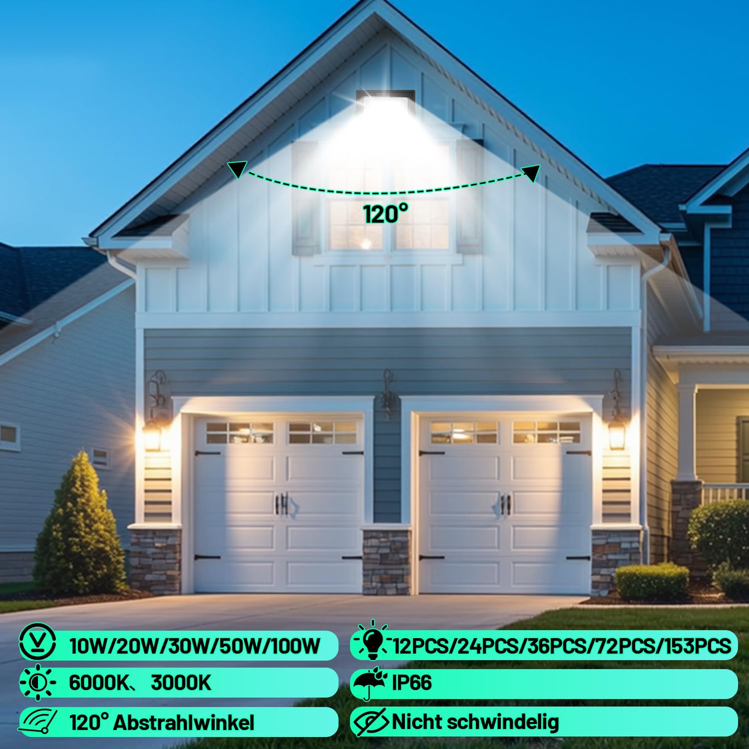 Sonnewelt LED Strahler Außen Fluter 5er 100W Aussenstrahler 8500lm Flutlicht 6000k Kaltweiß IP66 Wasserdicht Außenstrahler für Sportplatz Rasenflächen Hinterhof Auffahrt Garage Flur Garten
