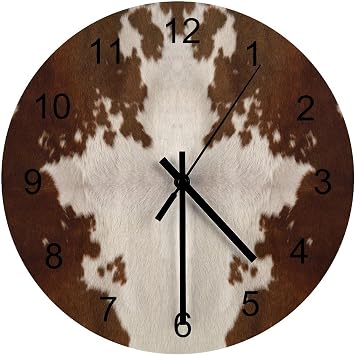 Cow Print Wall Clock Silent Non Ticking Battery Operated, Rustic Farm Brown White Cowhide Animal Fur Western Clock Decorative for Bathroom Kitchen Bedroom Living Room12 Inch