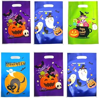 SuiGooQiRe 60 PCS Halloween Goodie Bags Trick or Treat Bags Plastic Candy Bag with Handle Halloween Treat Bags Bulk Snacks Cookie Gift Bag for Party Favors Supplies Gift Basket