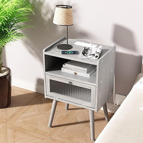 Miniatura 2 de SOOWERY Mesita de noche moderna de mediados de siglo con estación de carga, mesitas de noche con puerta de cristal, mesa auxiliar con espacio de