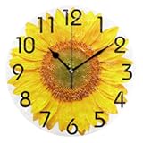 ZzWwR 3D Beautiful Lifelike Big Sunflower Print Round Wall Clock, 9.5 Inch Battery Operated Quartz Analog Quiet Desk Clock for Home,Office,School