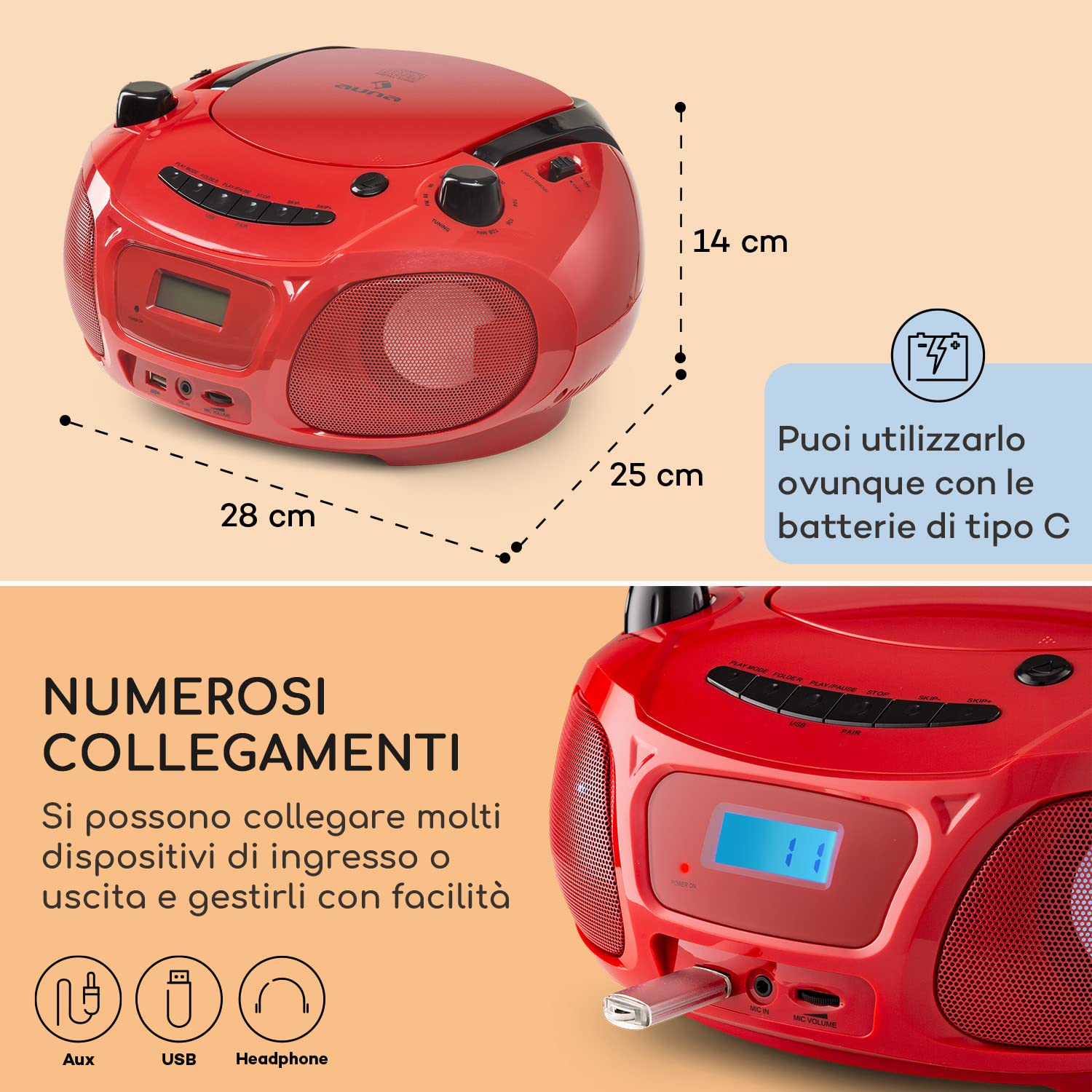 Auna Portatile Bluetooth con Lettore CD, Boombox 3W, Radio FM Stereo, AUX, Display a LED, USB, Bluetooth 5.0, MP3, Ricaricabile Vintage
