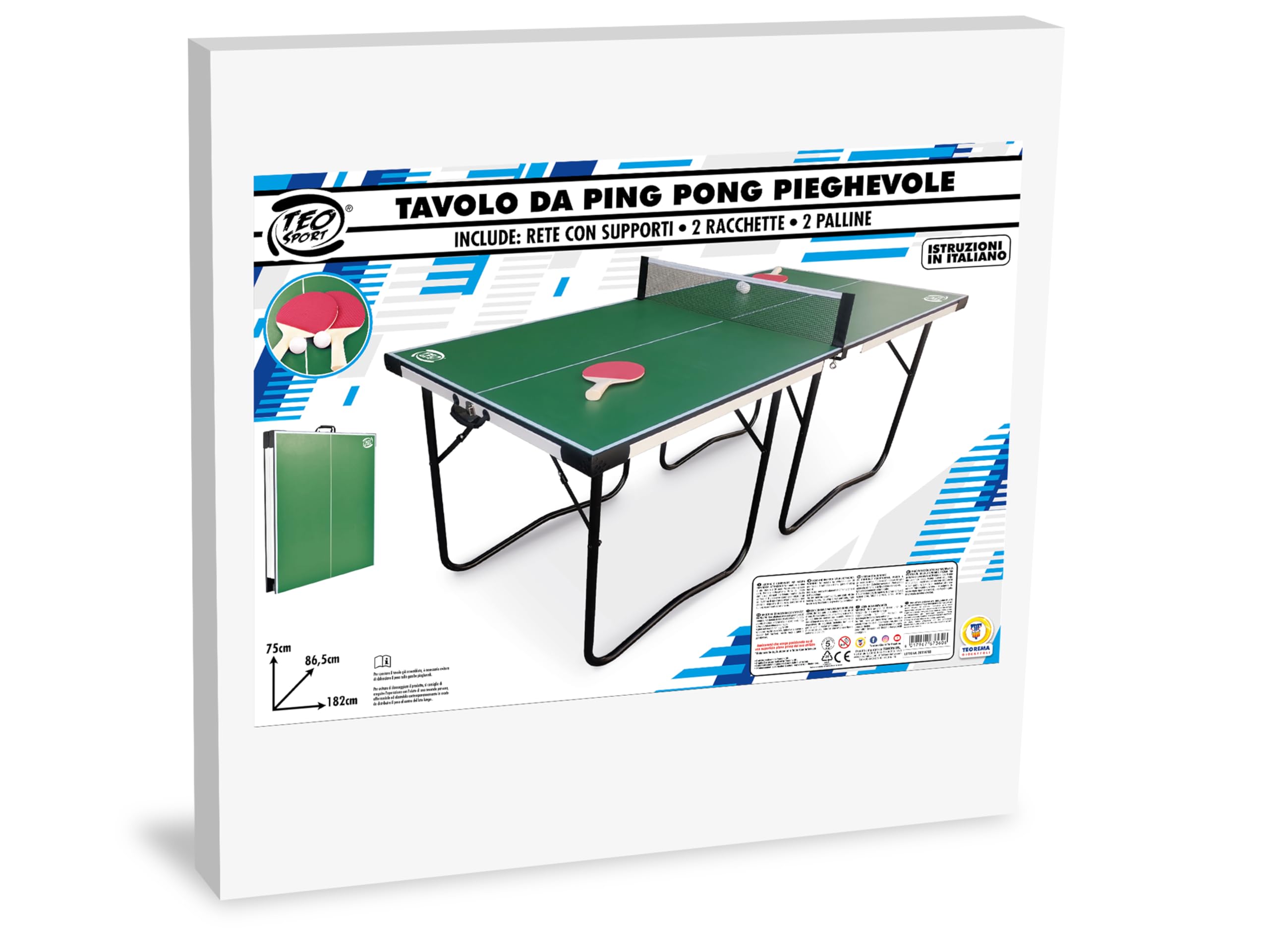 Teorema Giocattoli - Tavolo da Ping Pong Pieghevole Salvaspazio, Misure 182x86.5X75 cm, Tavolo Ping Pong esterno e interno con Set Completo: Rete, 2 Racchette e 2 Palline, Facile da Trasportare