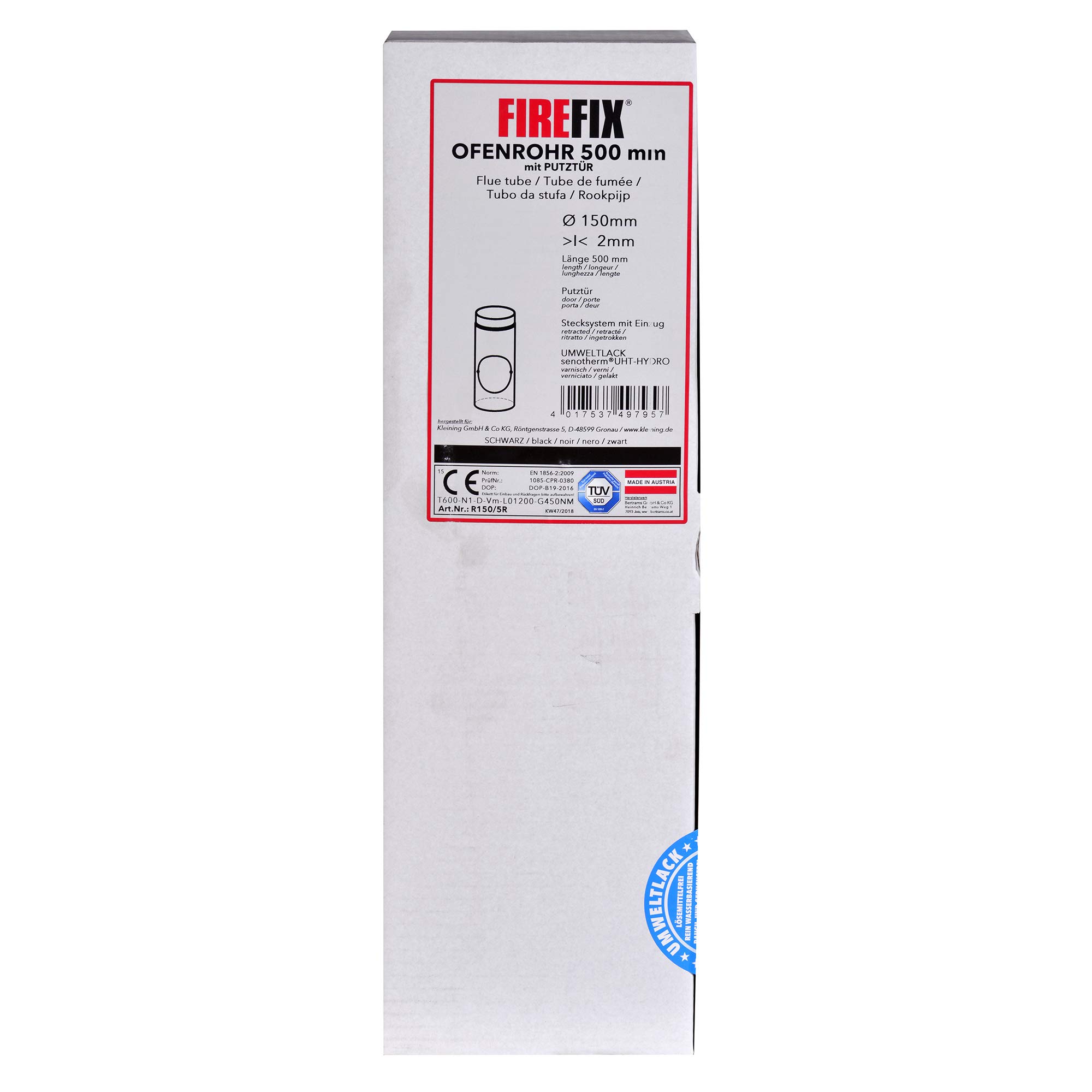 FIREFIX R150/5R Ofenrohr aus 2 mm starken Stahl (Rauchrohr) in 150 mm Durchmesser, für Kaminöfen und Feuerstellen, Senotherm, schwarz, 500 mm lang mit Reinigungstür