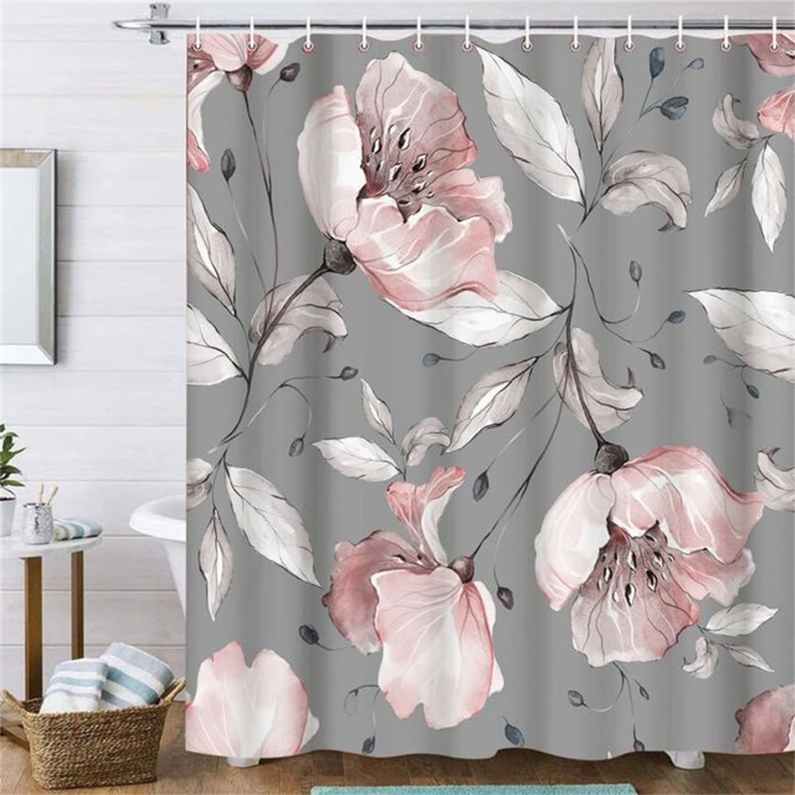 Cortinas de Ducha 180x180cm 3D Cortina de Baño Anti Moho Cortinas de Baño Antimoho Impermeable Lavables Textil de poliéster con 12 Ganchos para Cortinas Bañera y Baño Decorar Flores Rosas Grises