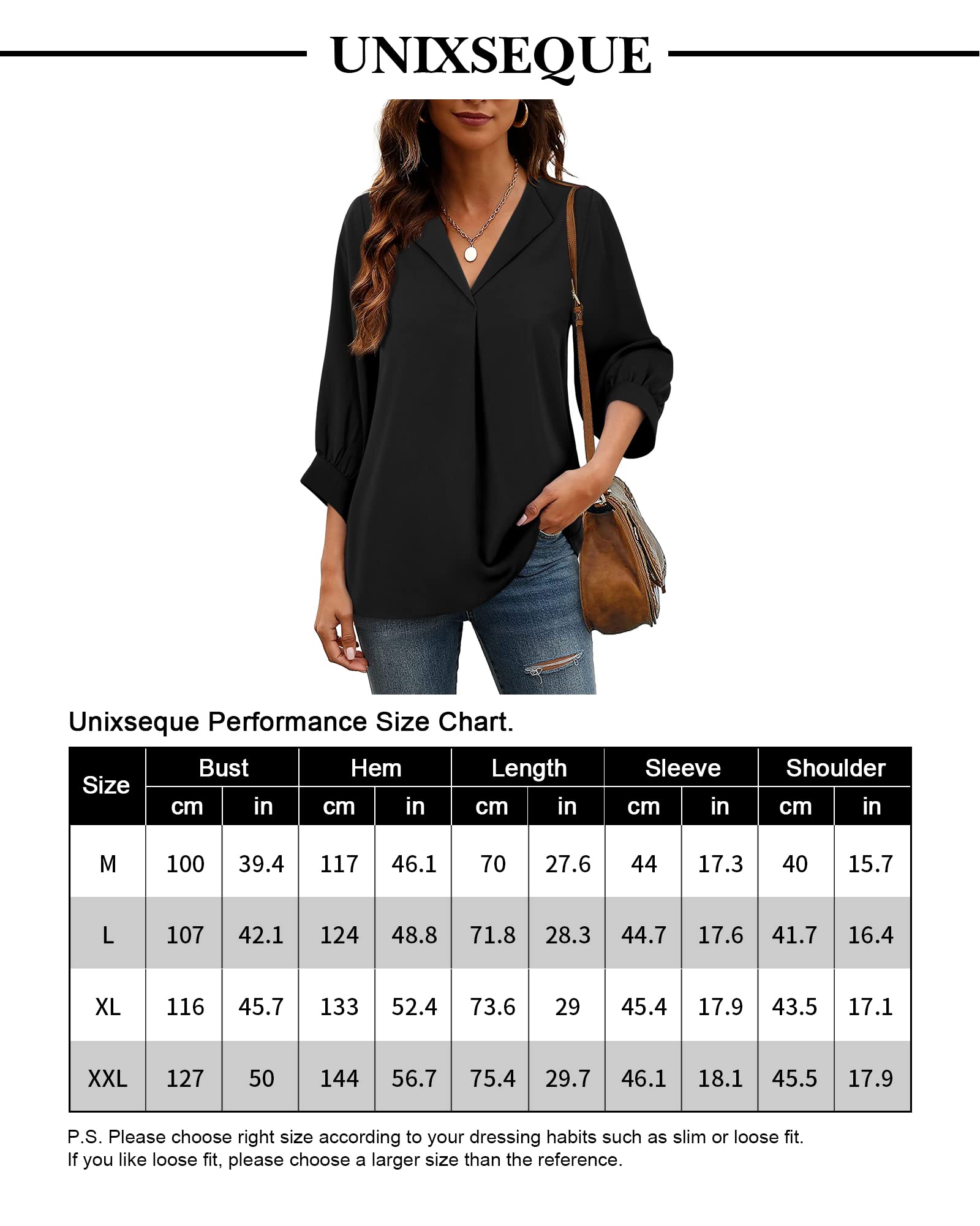 Unixseque Chemisier décontracté en mousseline de soie avec col en V et manches 3/4 pour femme