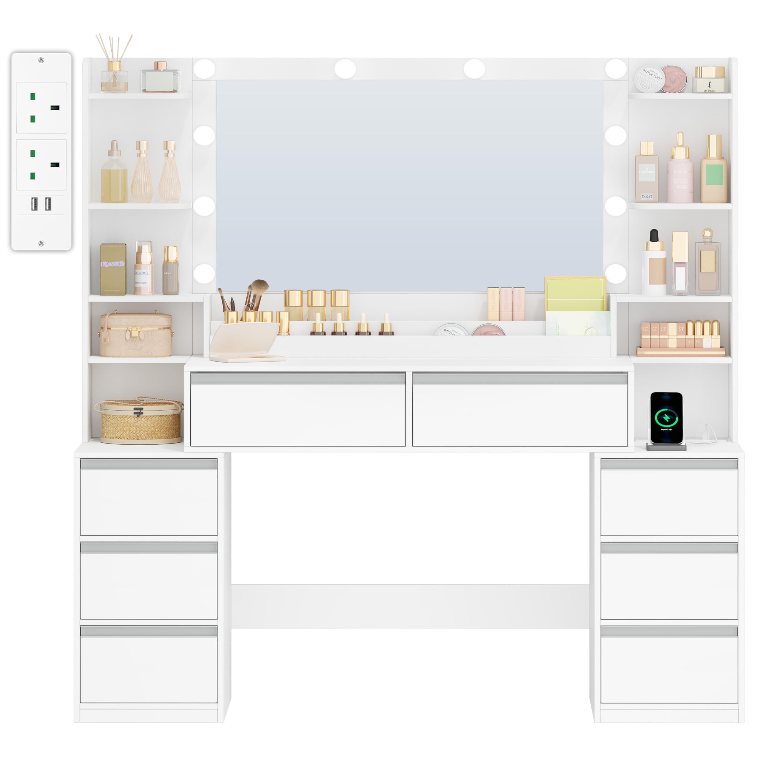 HEXCELEN 135 cm Dressing Table with Mirror, Vanity Desk with 10 LED Lights, Adjustable 3-Colour LED Lights, Makeup Desk with Plug, Hairdryer Holder, 8 Drawers, Open Storage Spaces, Modern White-Silver
