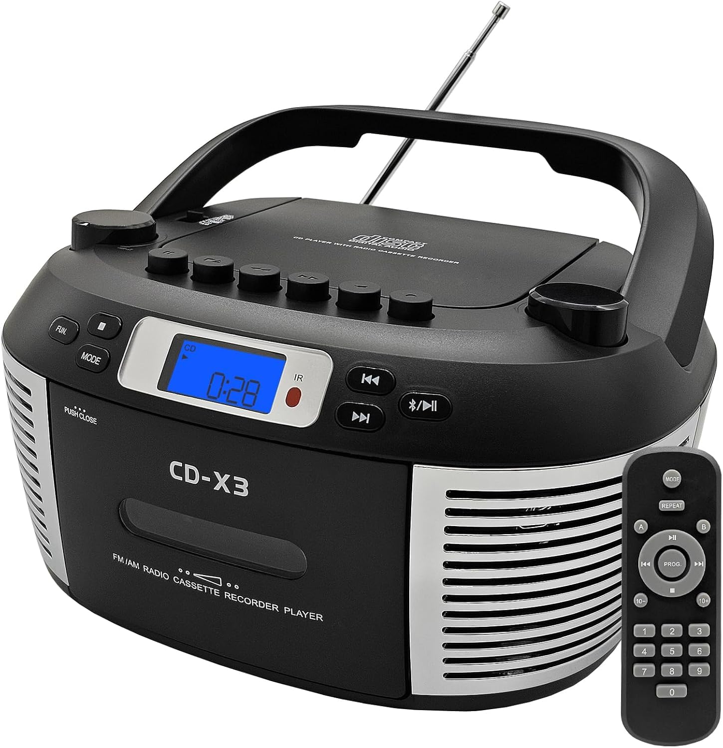 Tragbarer CD- & Kassettenplayer mit Fernbedienung – Inklusive FM/AM-Radio, USB-Wiedergabe, Bluetooth-Lautsprecher, Aufnahmefunktion und Netz-/Batteriebetrieb (Nicht inkl)