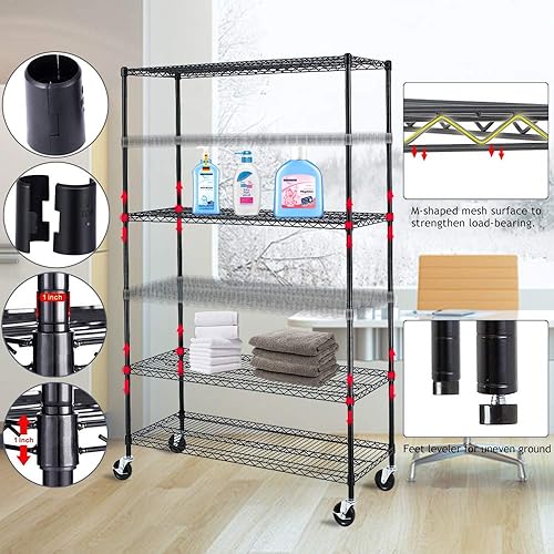 Miniatura 2 de Estantería de alambre resistente de 6 niveles, estante de almacenamiento ajustable sobre ruedas, capacidad de peso de 6000 libras, estantes de