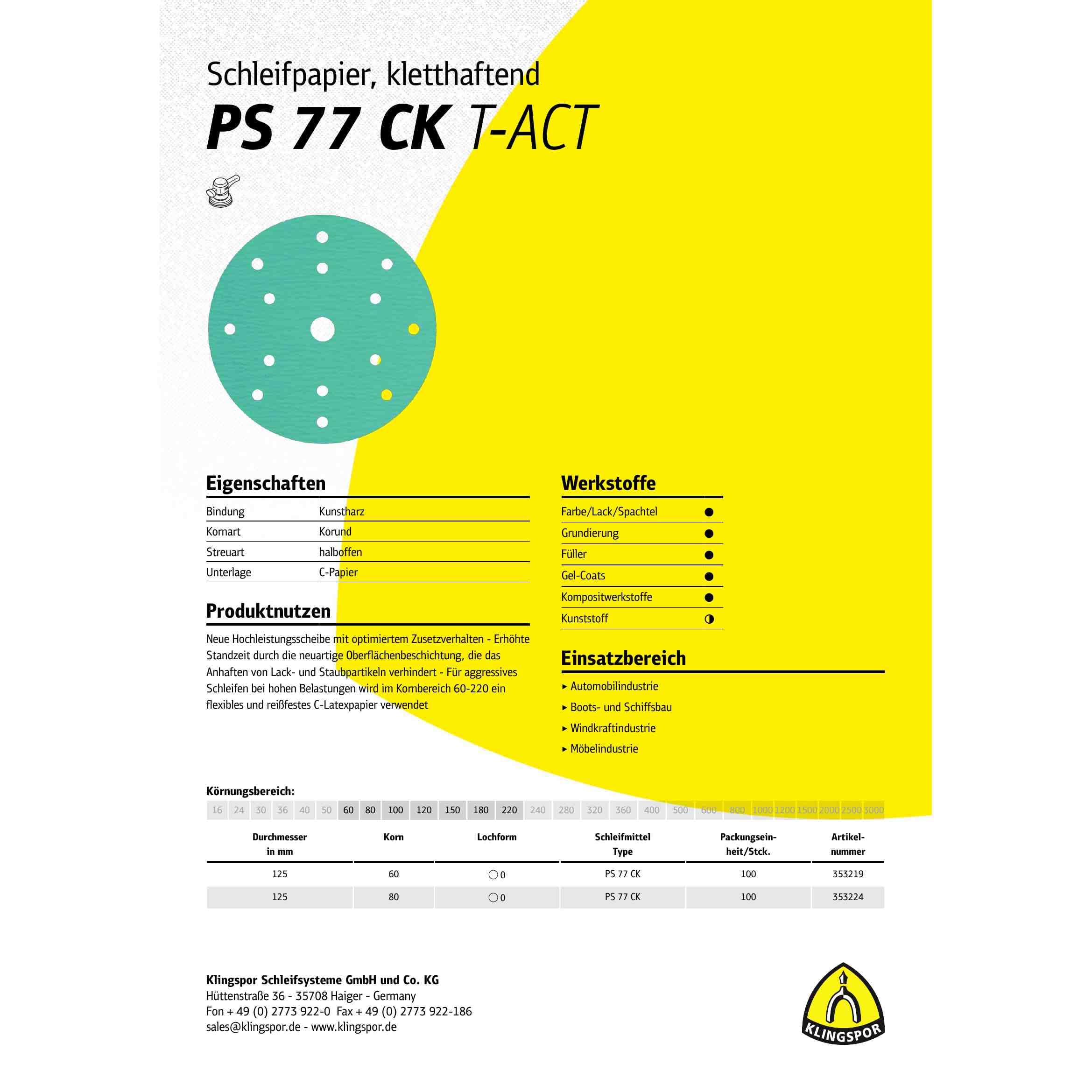 PS 77 CK T-ACT - Disco abrasivo (125 mm, 100 unidades, grano 220)