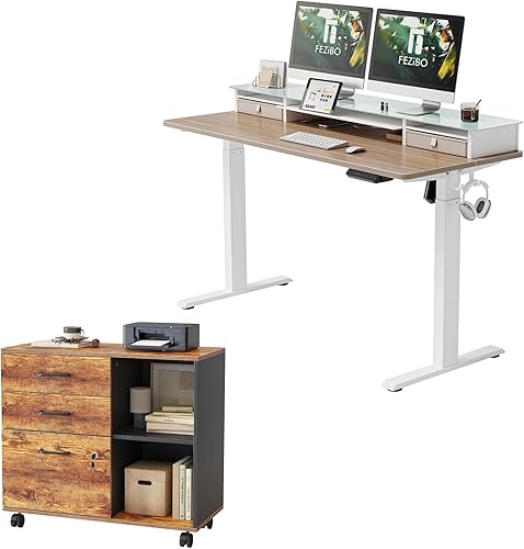 FEZIBO Electric Standing Desk with Glass Top Monitor Stand, 55 x 26 Inch with File Cabinet