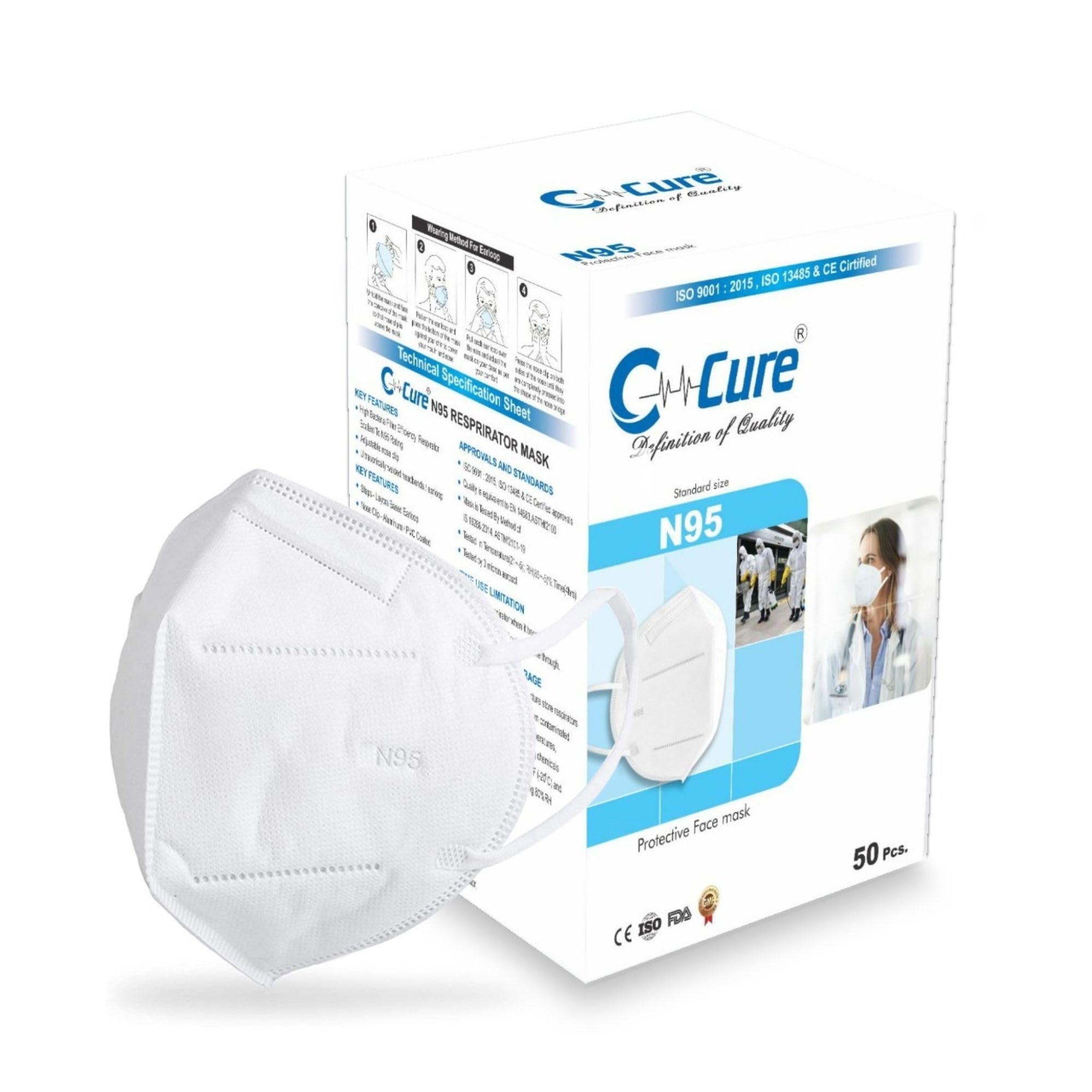 C-Cure® Premium N95 Ear Loop Face Mask | 5 Layer Unisex Design | For Men and Women | Respiratory Mask | Adjustable Nose Pin | Reusable-Washable | Pollution Mask | Protection Mask (White, Pack of 25) (B0C1CB8DYF) Amazon Price History, Amazon Price Tracker