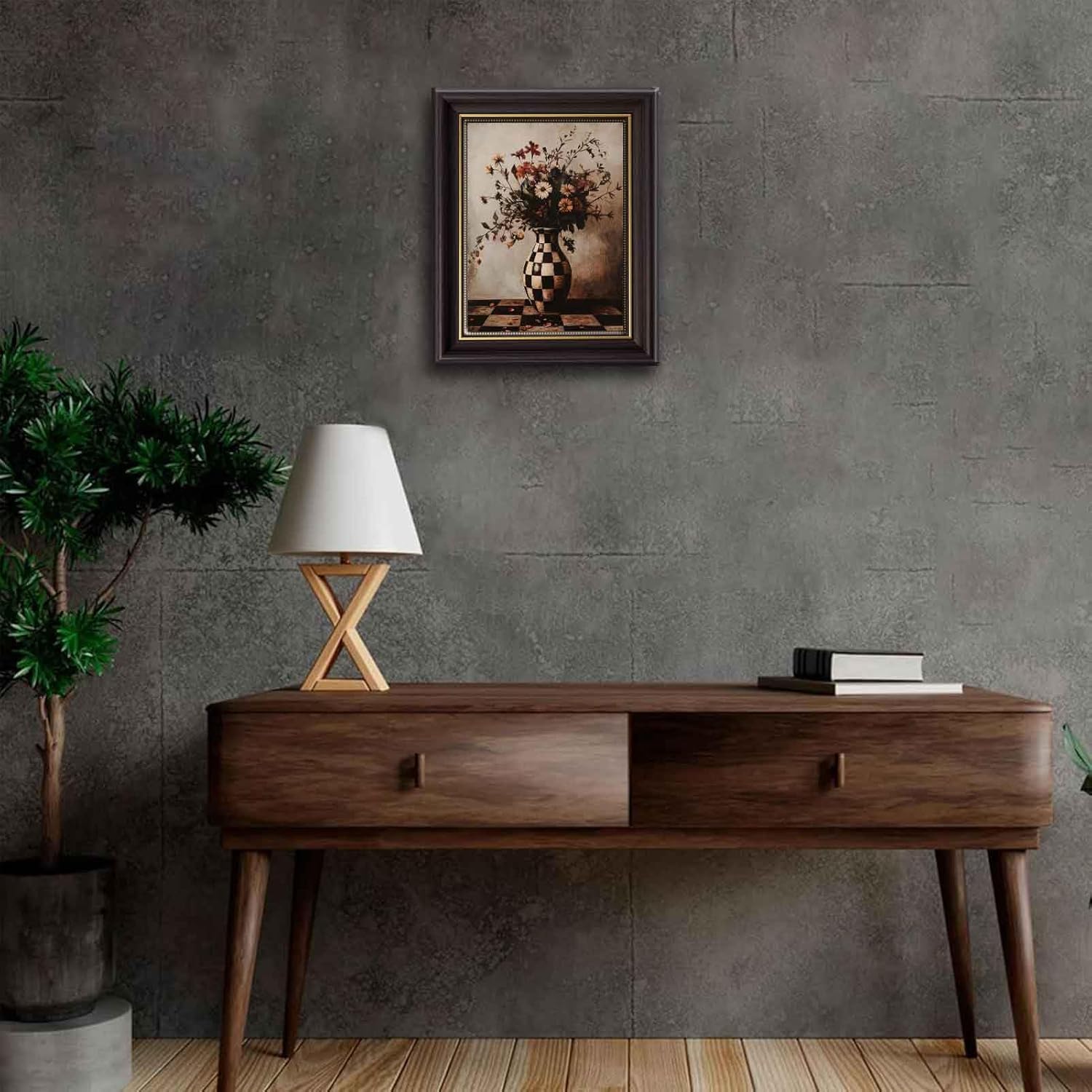 Vintage Floral Dark Brown Framed Canvas Wall Art Moody Plants Flower Painting Decor Picture Eclectic Farmhouse Wildflower Vase Daisy Bedroom Living Poster Print for Corridor Kitchen Room Decoration