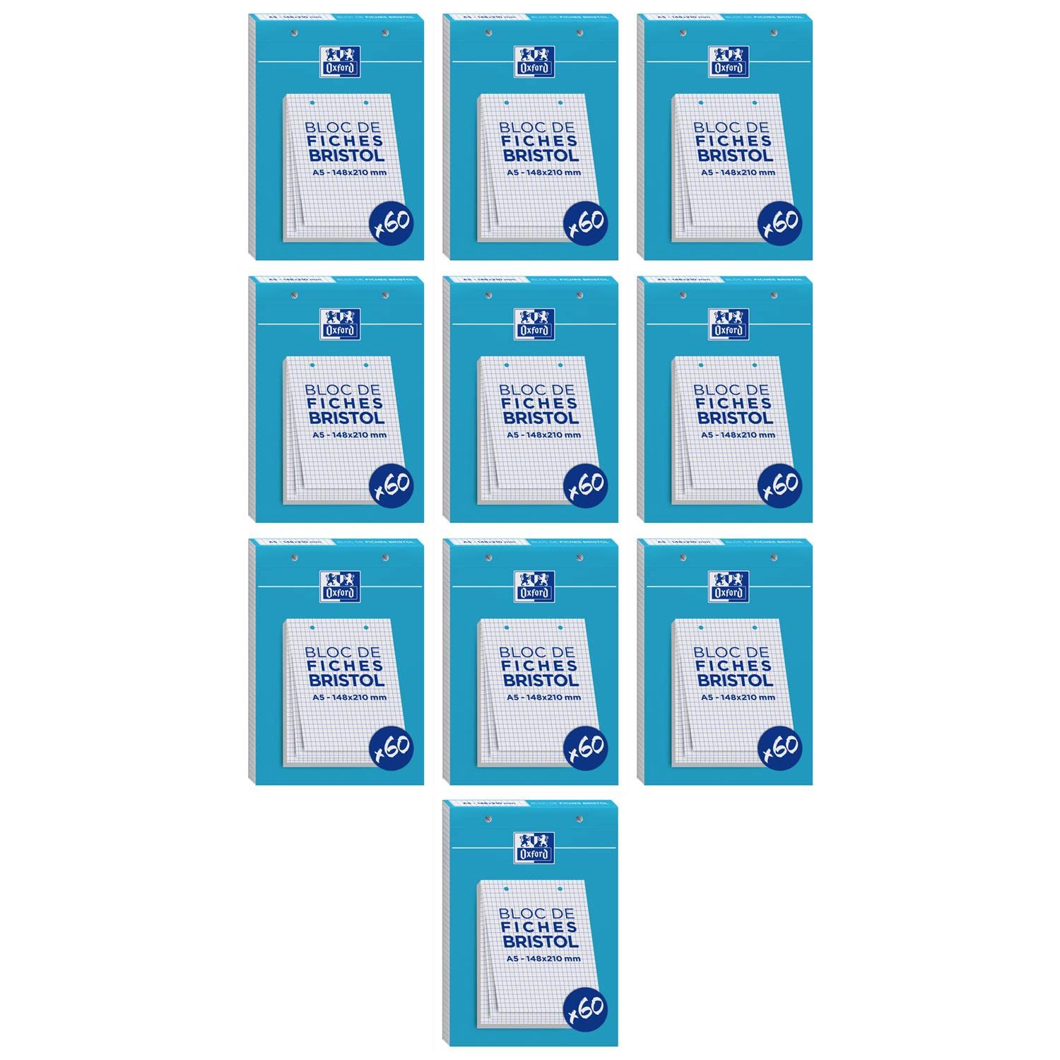 OXFORD Lot de 10 Blocs de 60 fiches bristol 148X210 perforées Q5/5 blanc