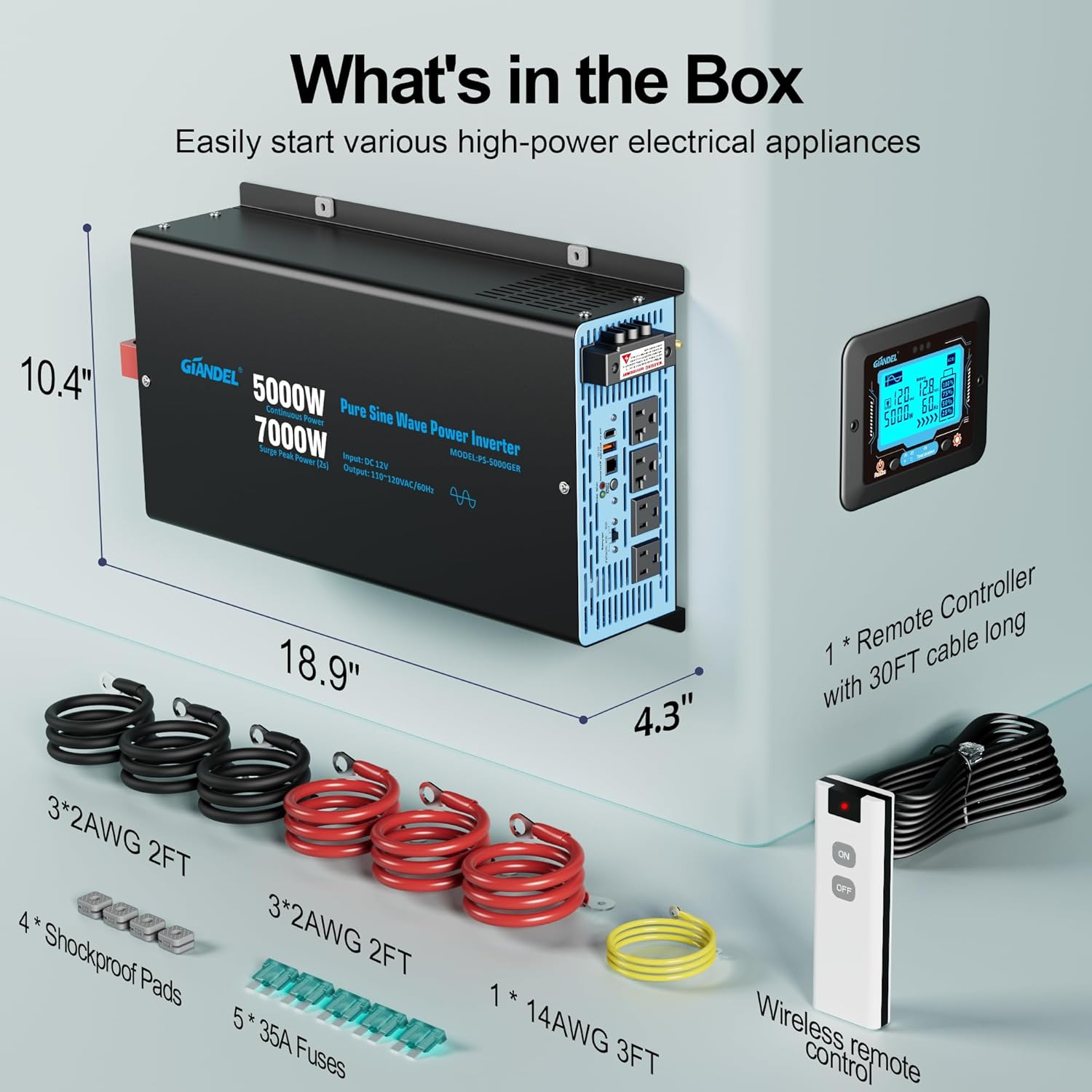 GIANDEL 5000W Pure Sine Wave Power Inverter 12V to 120V AC,7000W Max,Compatible with All 12V Batteries,Dua Remote,2x20Amps outlets,1x45amps Hardwire Ports,FCC Approved for RV Campers Off-Grid Solar