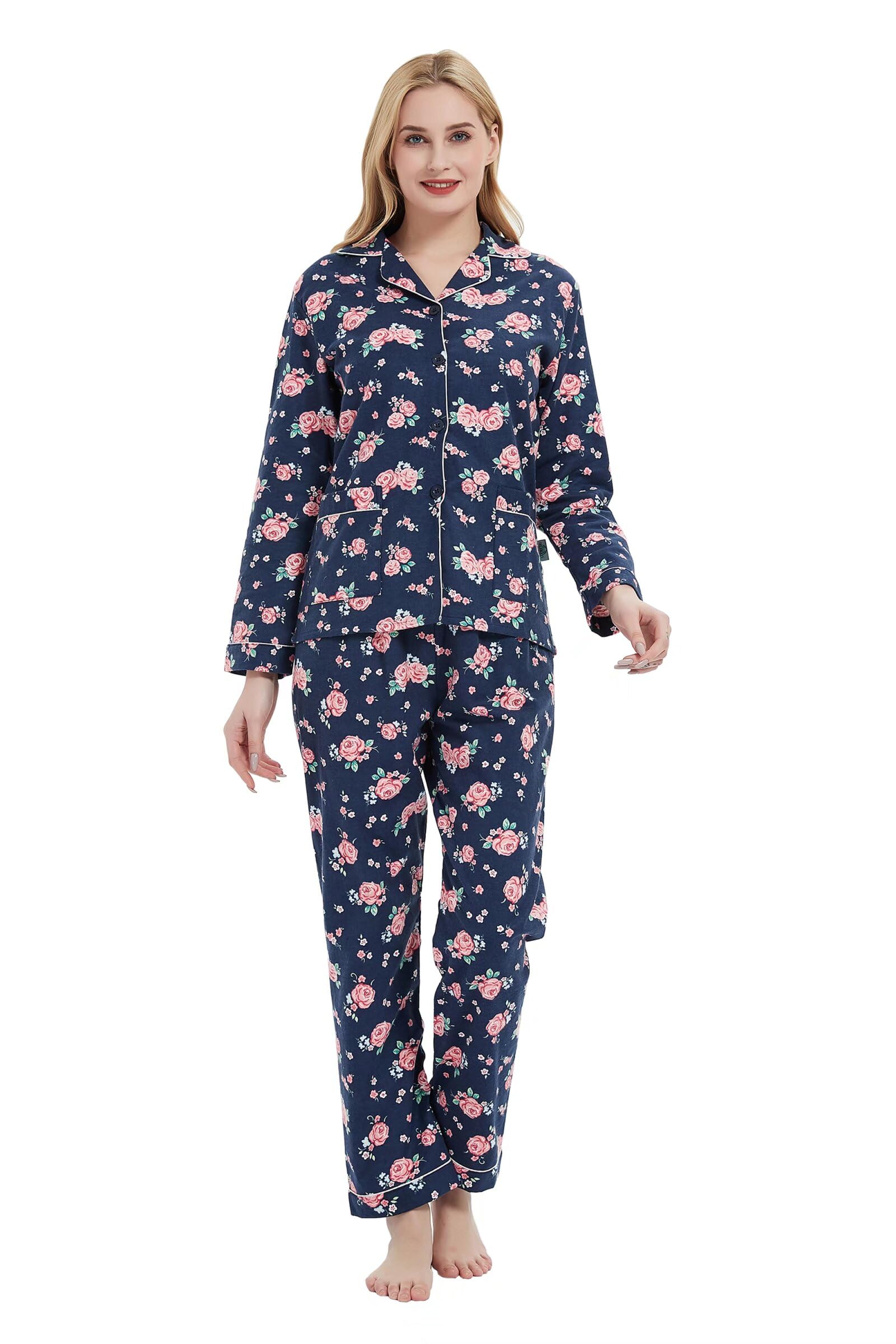 GLOBAL Women's Flannel Pajamas Set 100% Cotton PJs for Women Long Sleeve Button Drawstring Waist Warm Loungewear Sleepwear