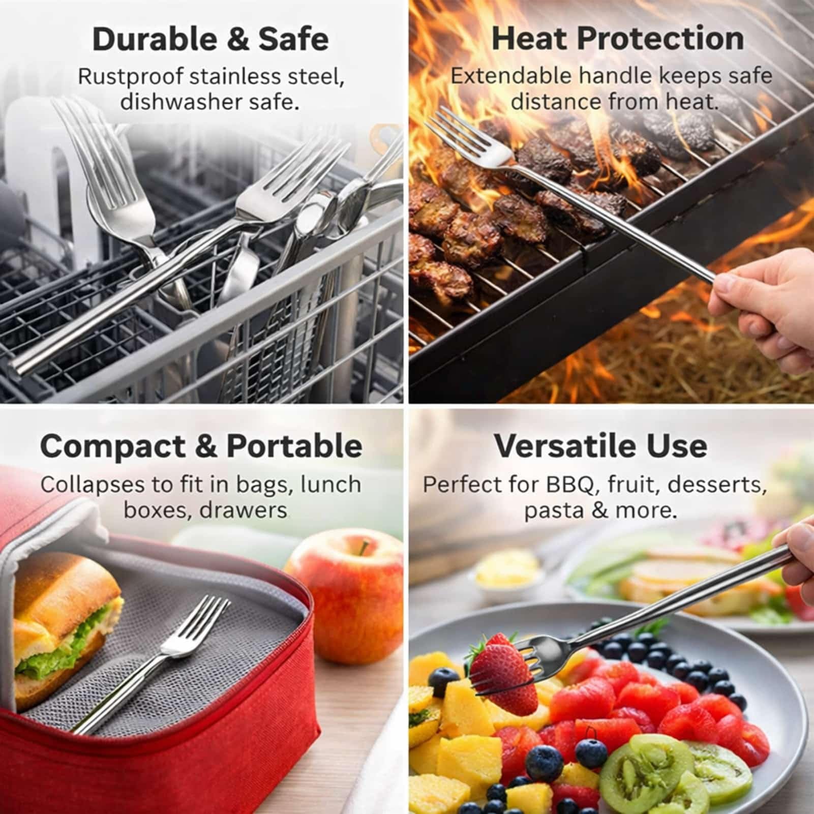 1 set di forchette allungabili in acciaio inox, regolabile da 22 a 65 cm, ideale per barbecue, barbecue e dessert