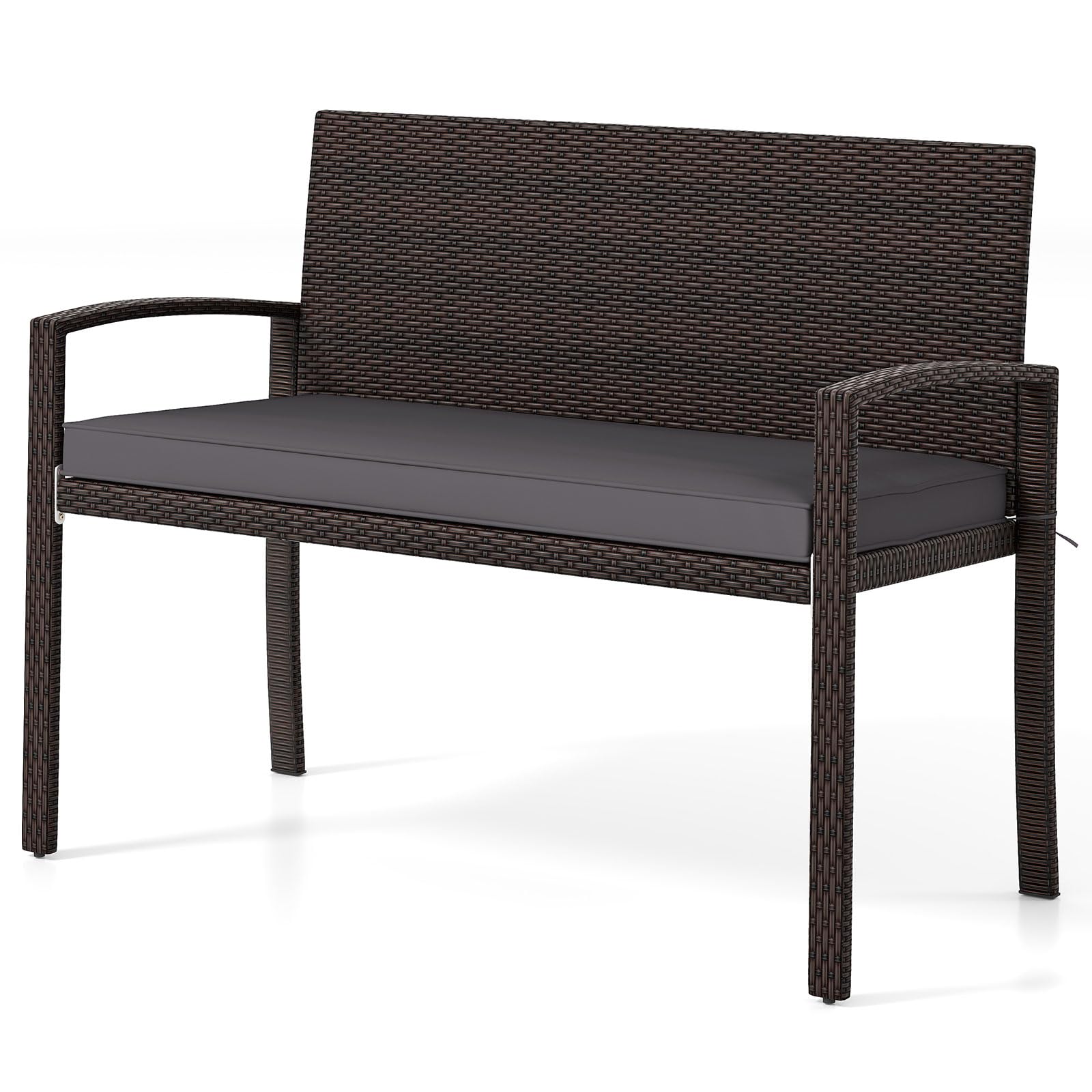 RELAX4LIFE 2 Seater Rattan Garden Bench, Metal Frame Patio Loveseat Park Lounge Chair with Cushion, Outdoor Furniture Wicker Bench Seating for Porch Park, 360KG Load Capacity (Grey + Mix Brown)