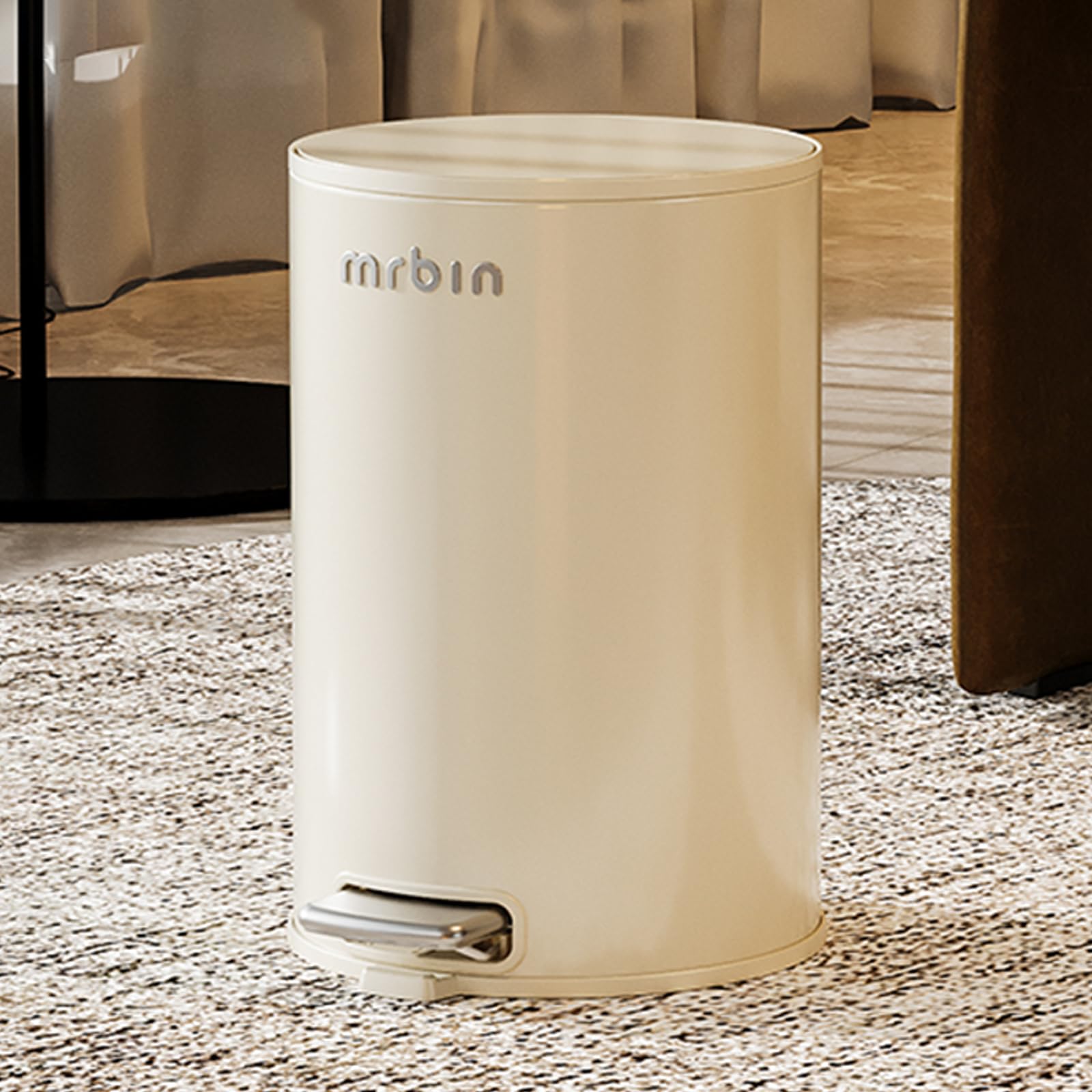 MRBIN Small Metal Bathroom Trash Can with Lid, Step Waste Basket for Bedroom, 6L / 1.6gal Round Garbage Pail Kitchen with Plastic Inner Bucket and