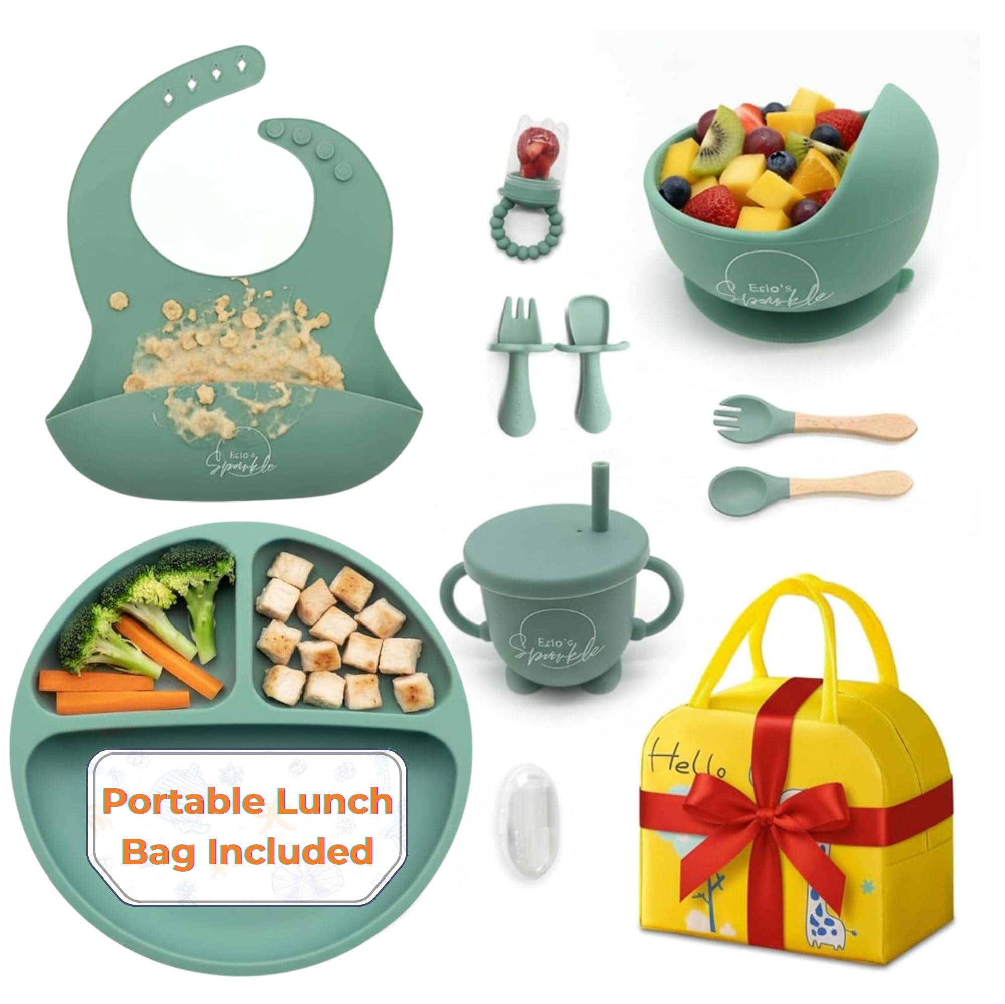 12 Pcs Silicone Baby Weaning Set with Portable Lunch Bag – BPA-Free Strong Suction Divided Plate, Bowl, Sippy Cup, Baby Spoon, Fork, Bib w/Catcher–Microwave & Dishwasher Safe Baby Plates and Bowls Set