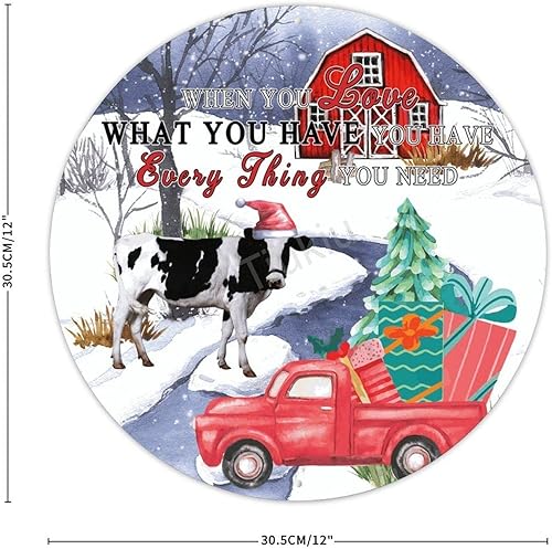 Vista 2 de Letrero de metal de bienvenida con diseño de camión de animales de granja de Navidad, texto en inglés "When You Love What You Have You Have - Placa