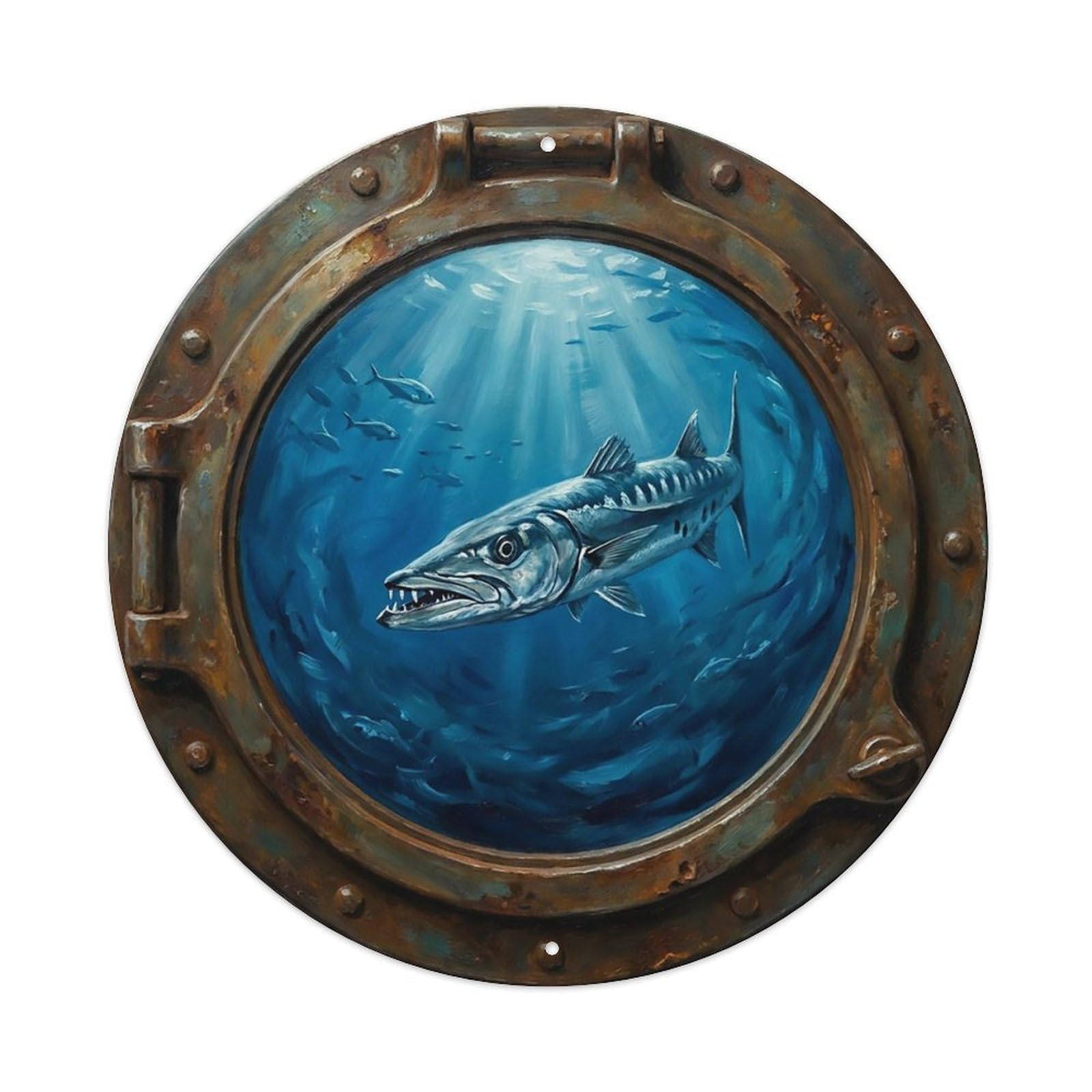 Vintage Porthole Barracuda Ship Window Undersea Deep Sea Metal Tin Sign