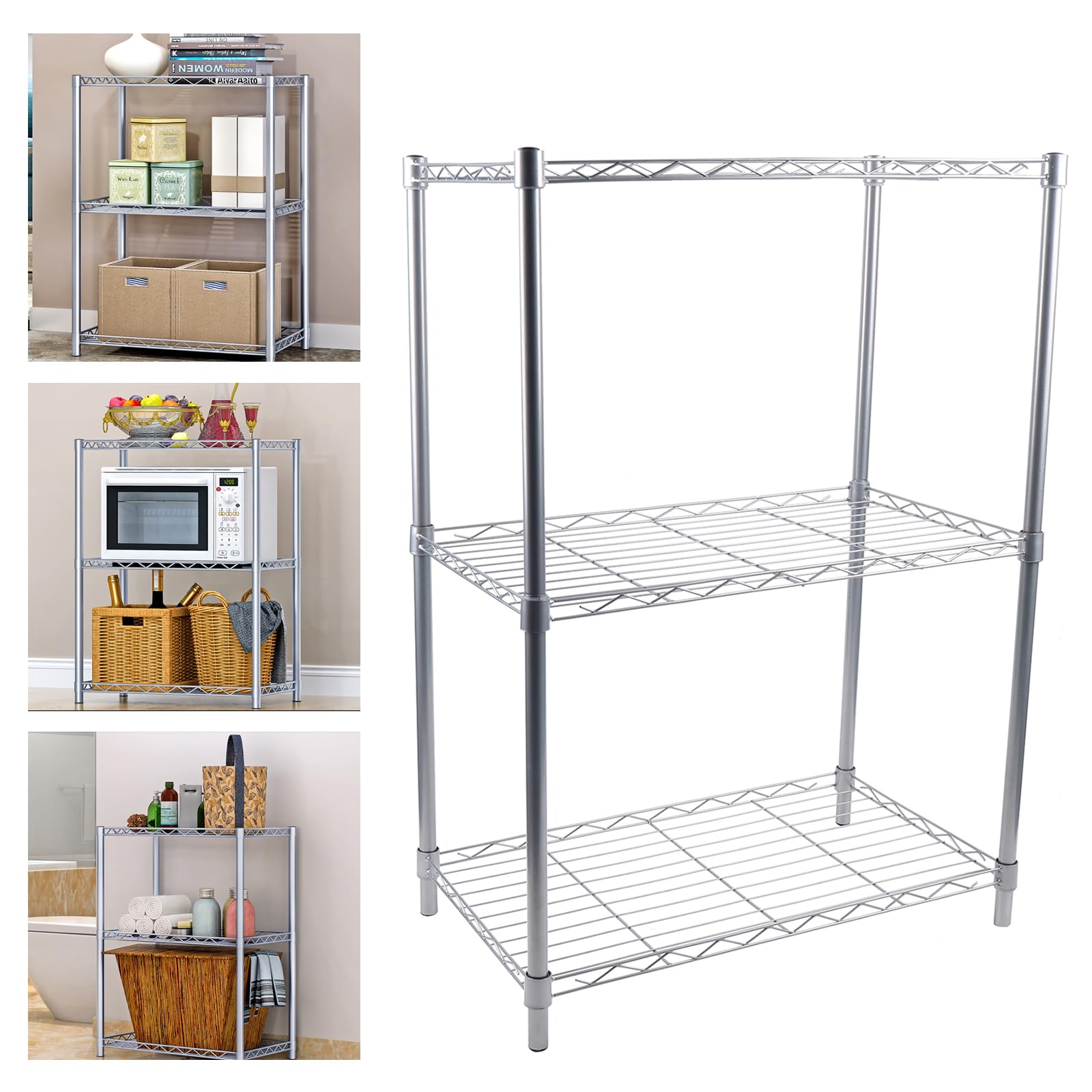 Tavolo da cucina in acciaio inox, 56 x 35 x 80 cm, tavolo da cucina in acciaio inox, per carichi pesanti, 3 ripiani, per dispense, ristoranti, cucine, grandi cucine