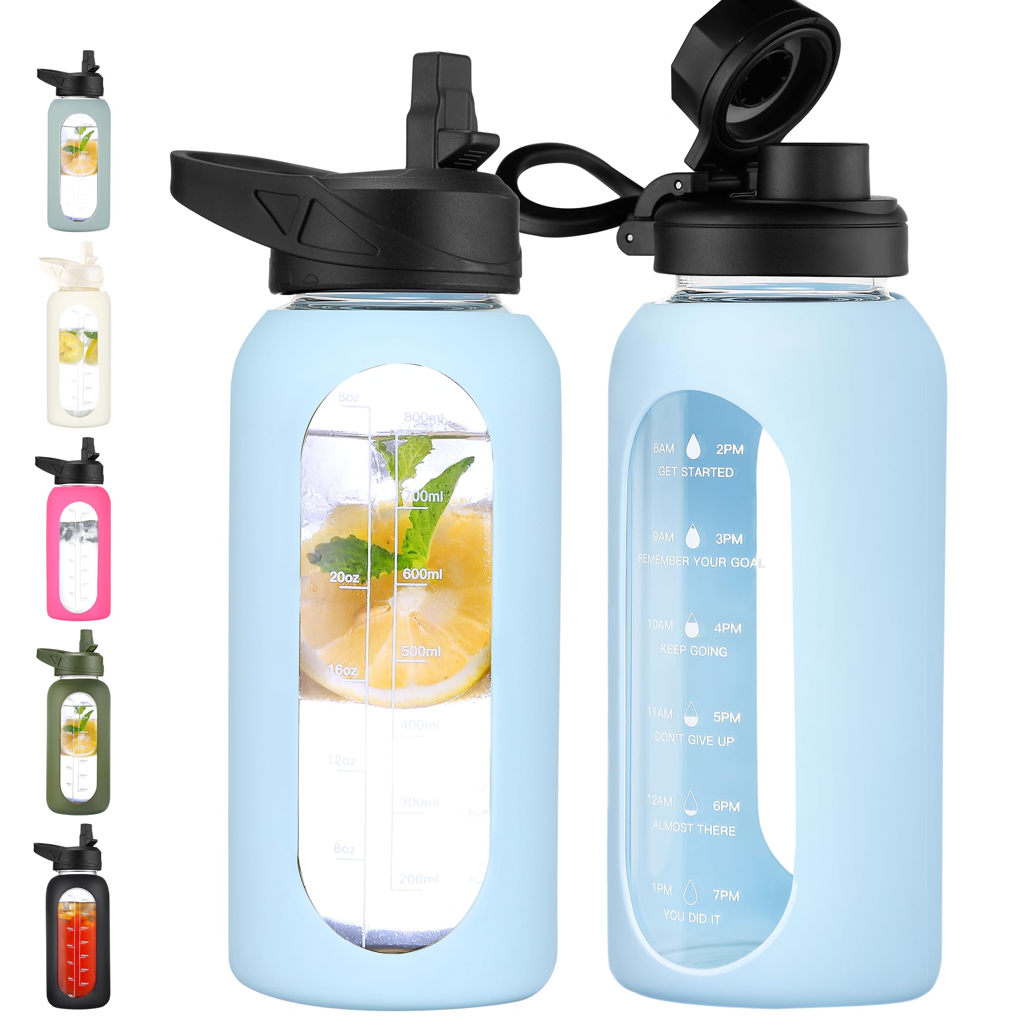 CIVAGO 32 oz Glass Water Bottle with Straw, Large Motivational Water Jug