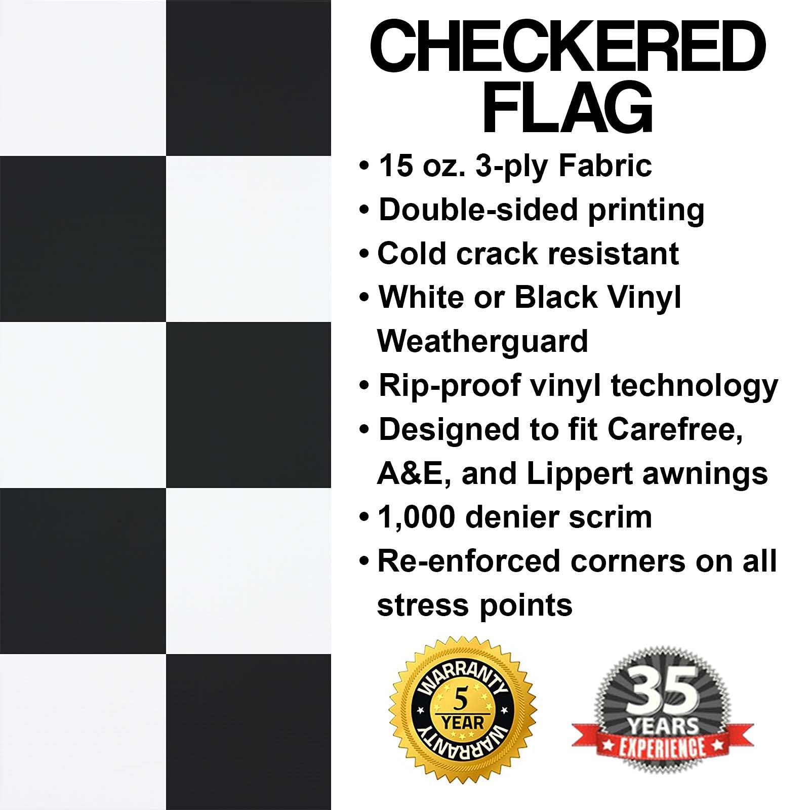 RV Vinyl Awning Replacement Fabric - Checkered Flag 13' (Fabric 12'2