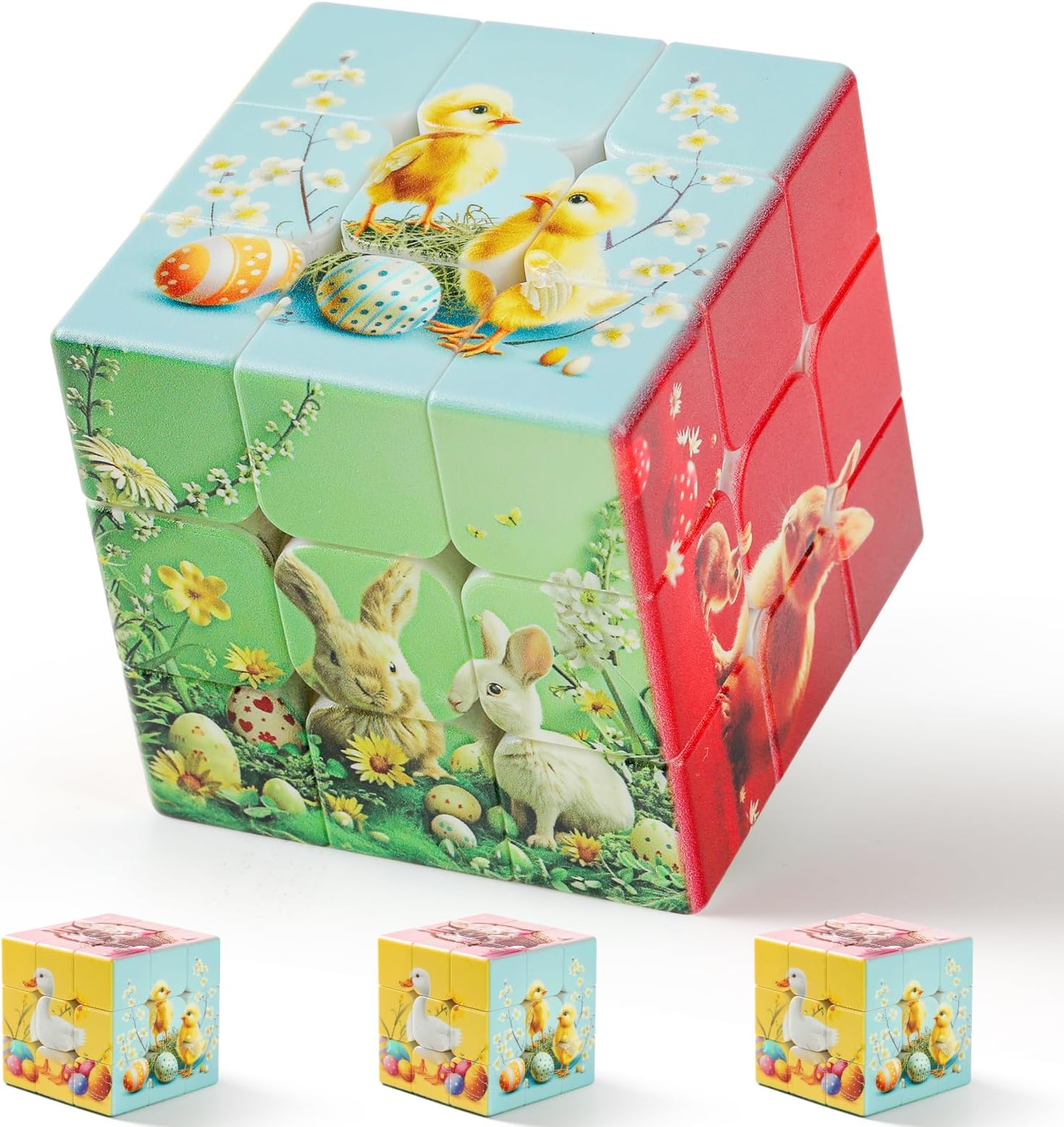 Speed Cube 3x3 Easter Basket Stuffers - Stickerless Turning Speedly Quick Magic Cubes 1.4" Puzzle Game Brain Toy, Egg Fillers Party Favors for Kids Girls Boys (4 Pcs, 2.2")